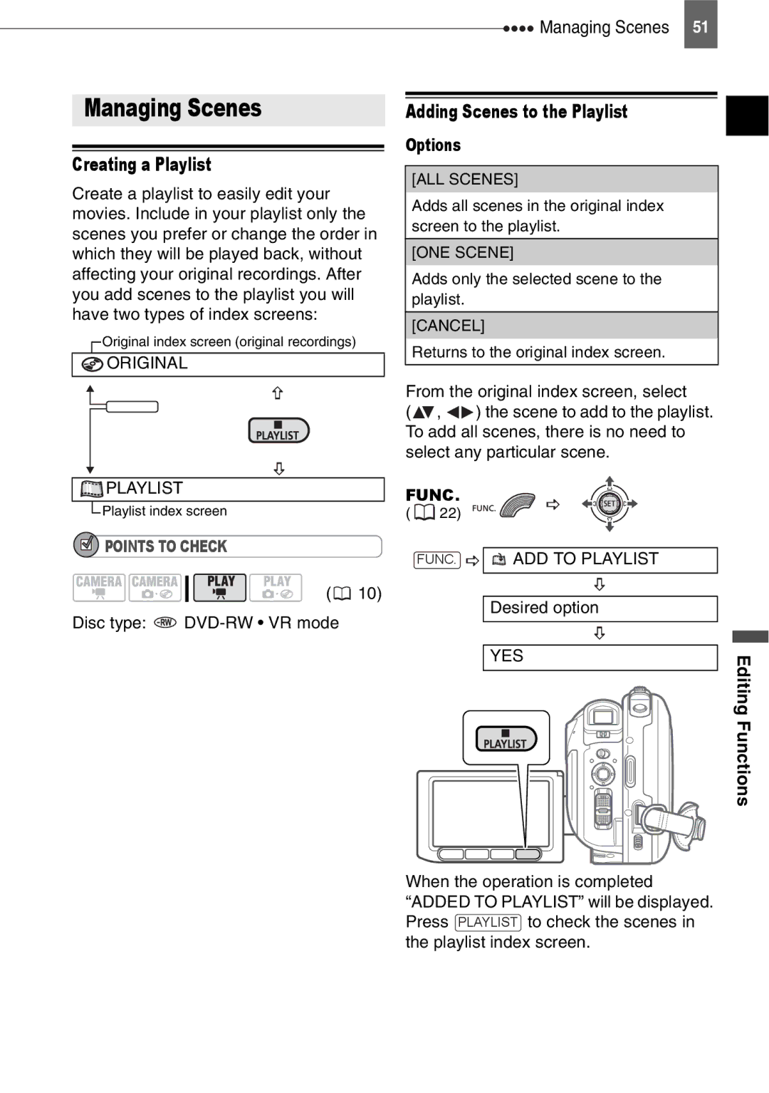 Canon DC201, DC210, DC211 Managing Scenes, Creating a Playlist, Adding Scenes to the Playlist, Editing Functions 