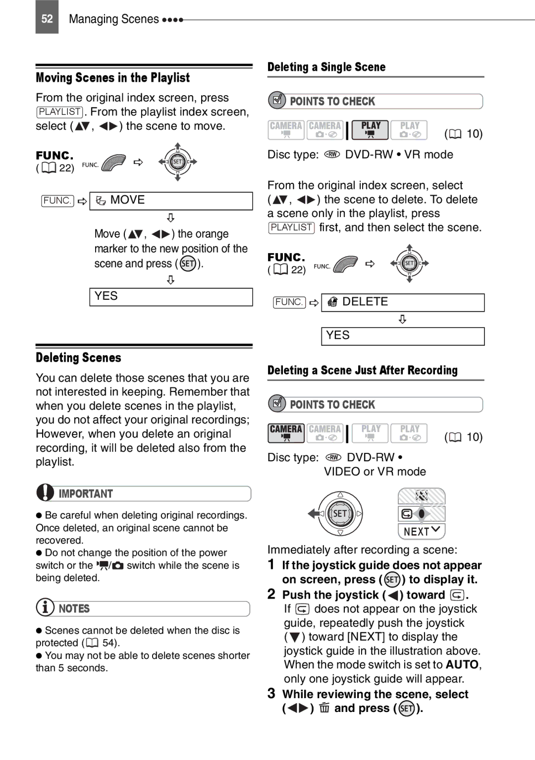Canon DC210 Moving Scenes in the Playlist, Deleting Scenes, Deleting a Single Scene, Deleting a Scene Just After Recording 