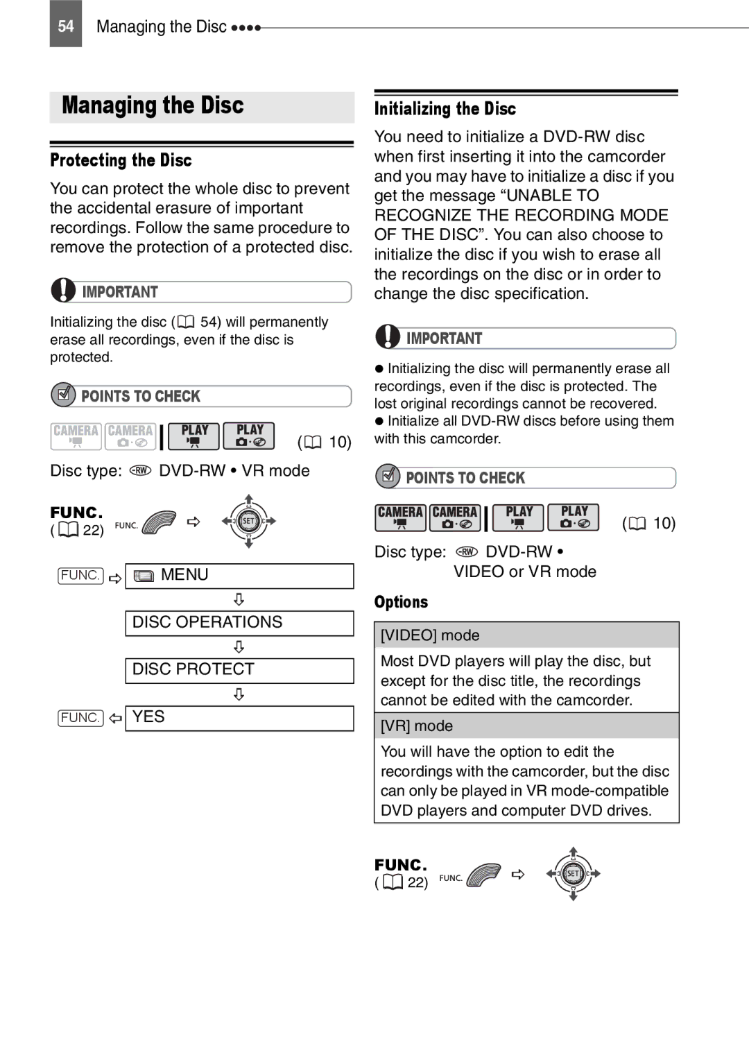 Canon DC201, DC210, DC211 Managing the Disc, Protecting the Disc, Initializing the Disc, Disc Operations Disc Protect 