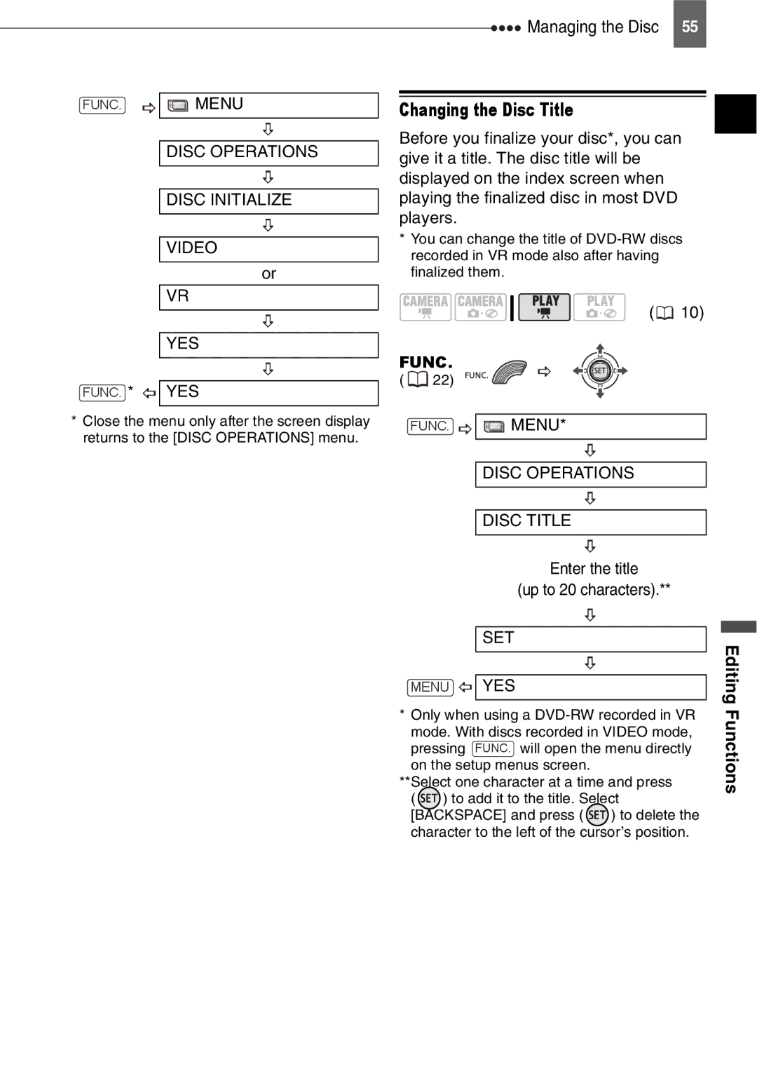 Canon DC210, DC201 Changing the Disc Title, Disc Operations Disc Initialize Video YES, Disc Operations Disc Title, Set 