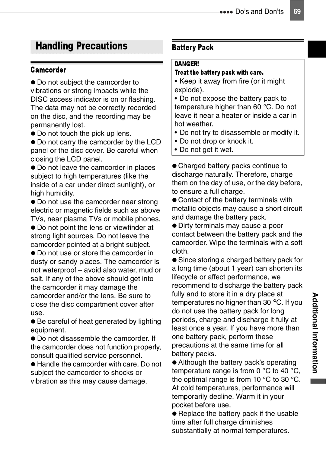 Canon DC201, DC210, DC211 Handling Precautions, Camcorder, Battery Pack, Do’s and Don’ts, Treat the battery pack with care 