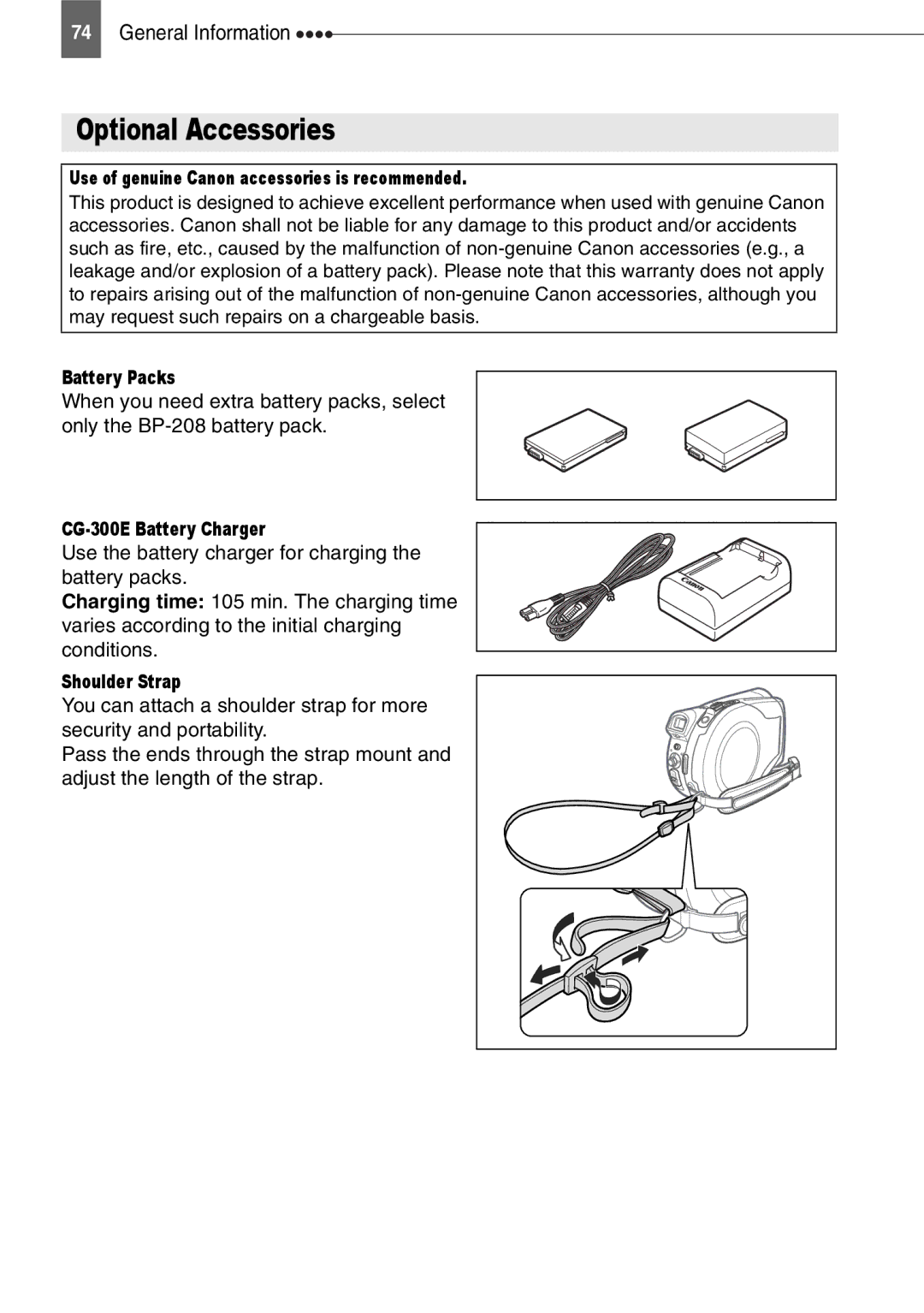 Canon DC211, DC201, DC210 instruction manual Optional Accessories, Battery Packs, CG-300E Battery Charger, Shoulder Strap 