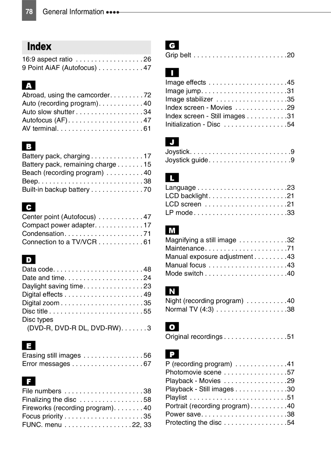 Canon DC201, DC210, DC211 instruction manual Index, Aspect ratio 9 Point AiAF Autofocus 