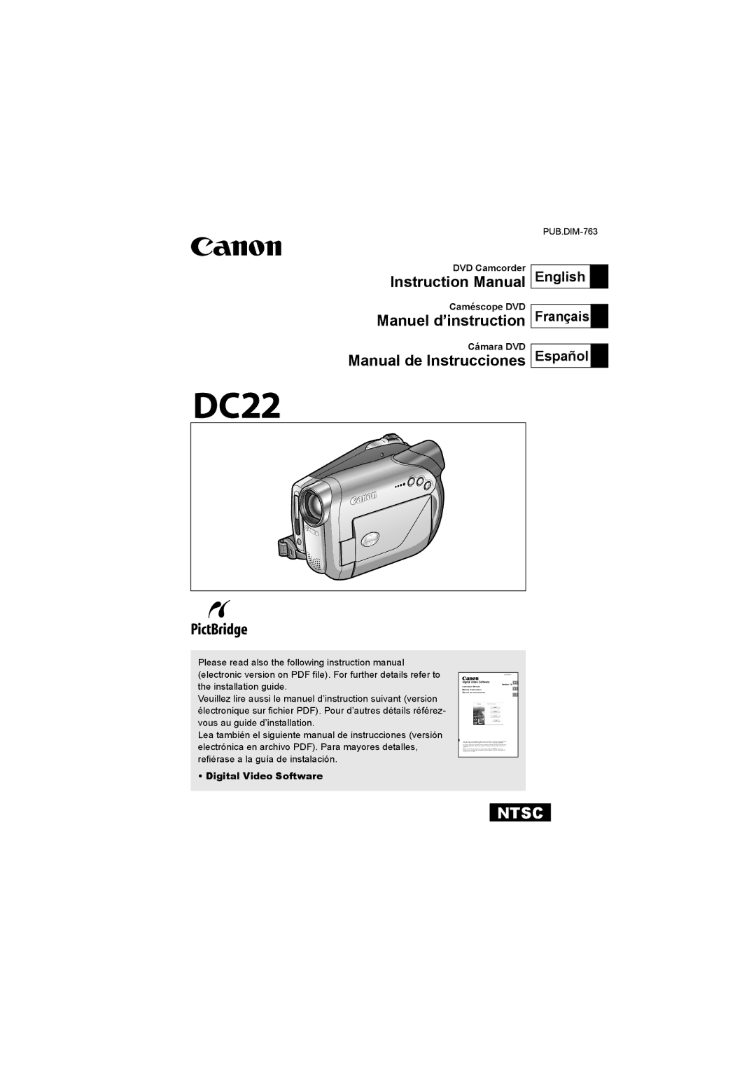 Canon DC22 instruction manual Manuel d’instruction, Manual de Instrucciones, DVD Camcorder Caméscope DVD, Cámara DVD 