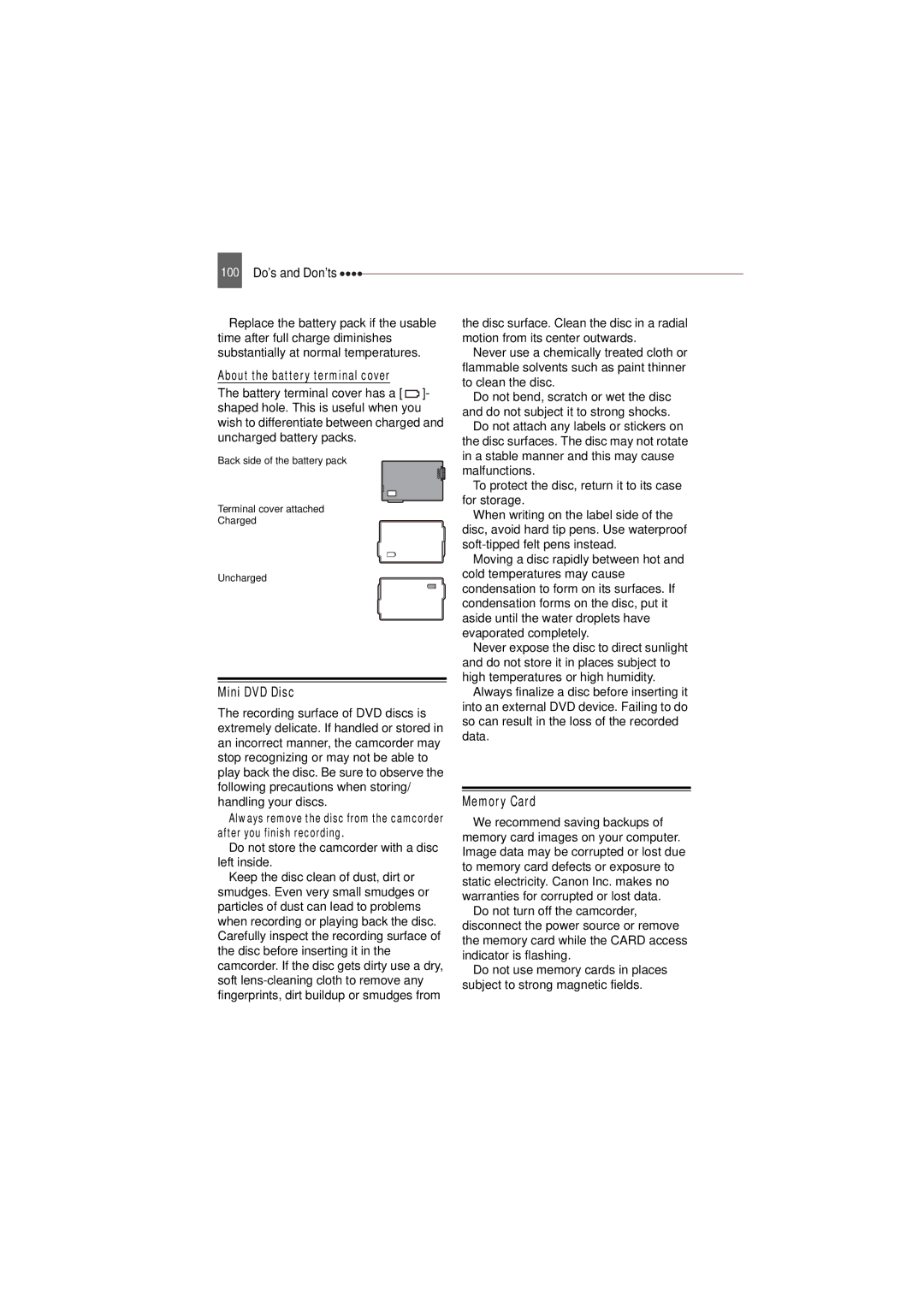 Canon DC22 instruction manual Mini DVD Disc, Memory Card, About the battery terminal cover 