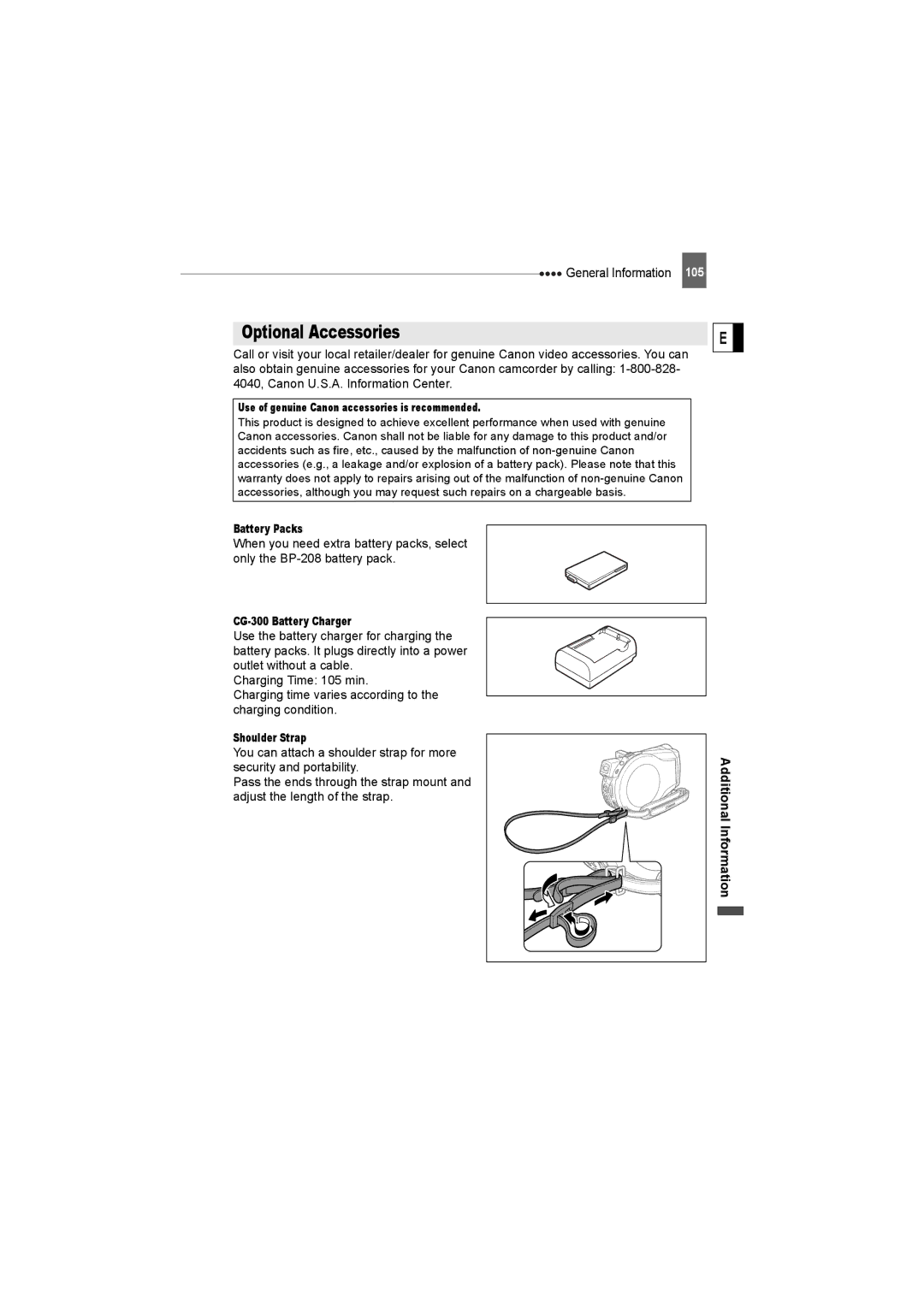 Canon DC22 instruction manual Optional Accessories, Battery Packs, CG-300 Battery Charger, Shoulder Strap 