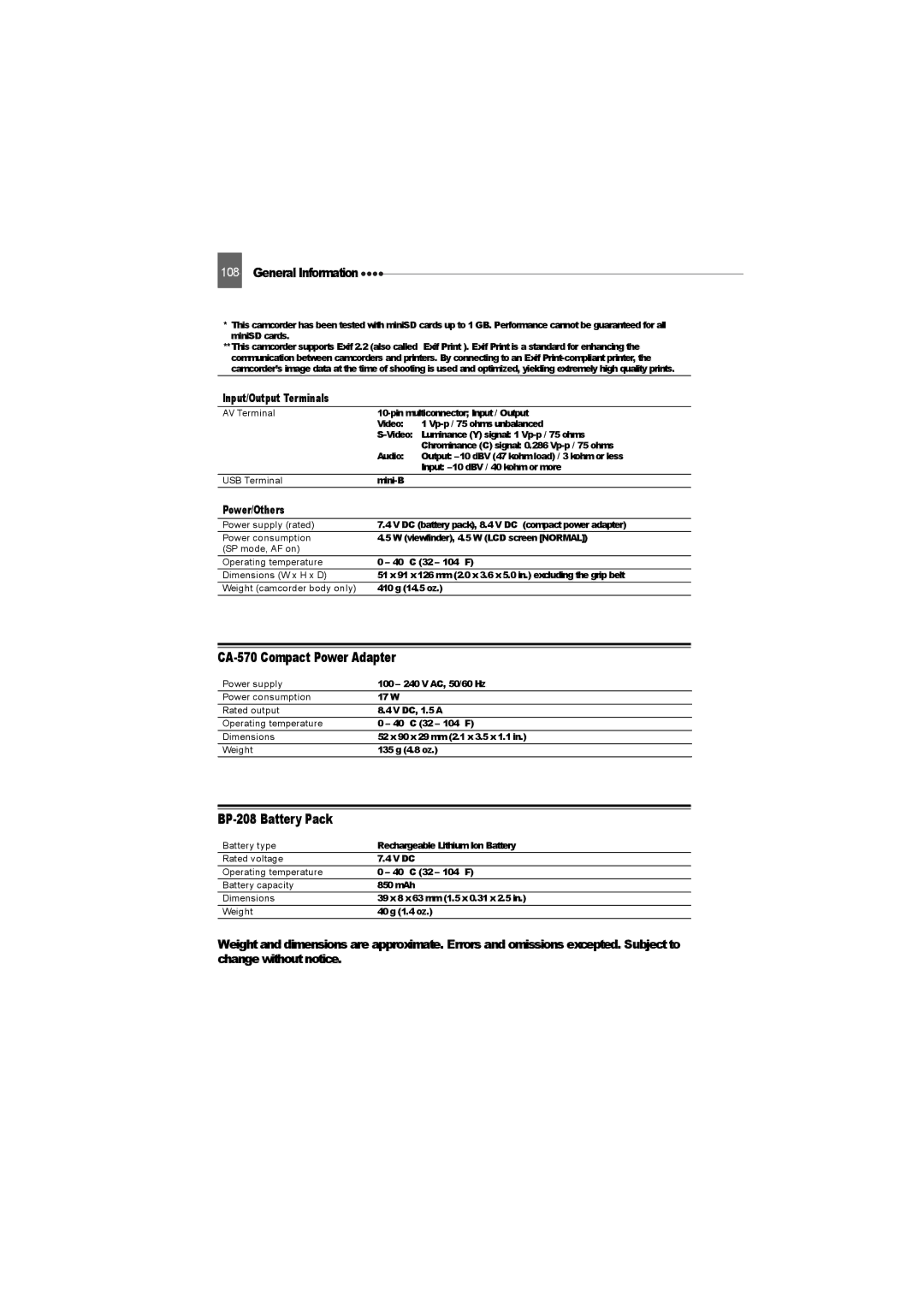 Canon DC22 instruction manual CA-570 Compact Power Adapter, BP-208 Battery Pack, Input/Output Terminals, Power/Others 