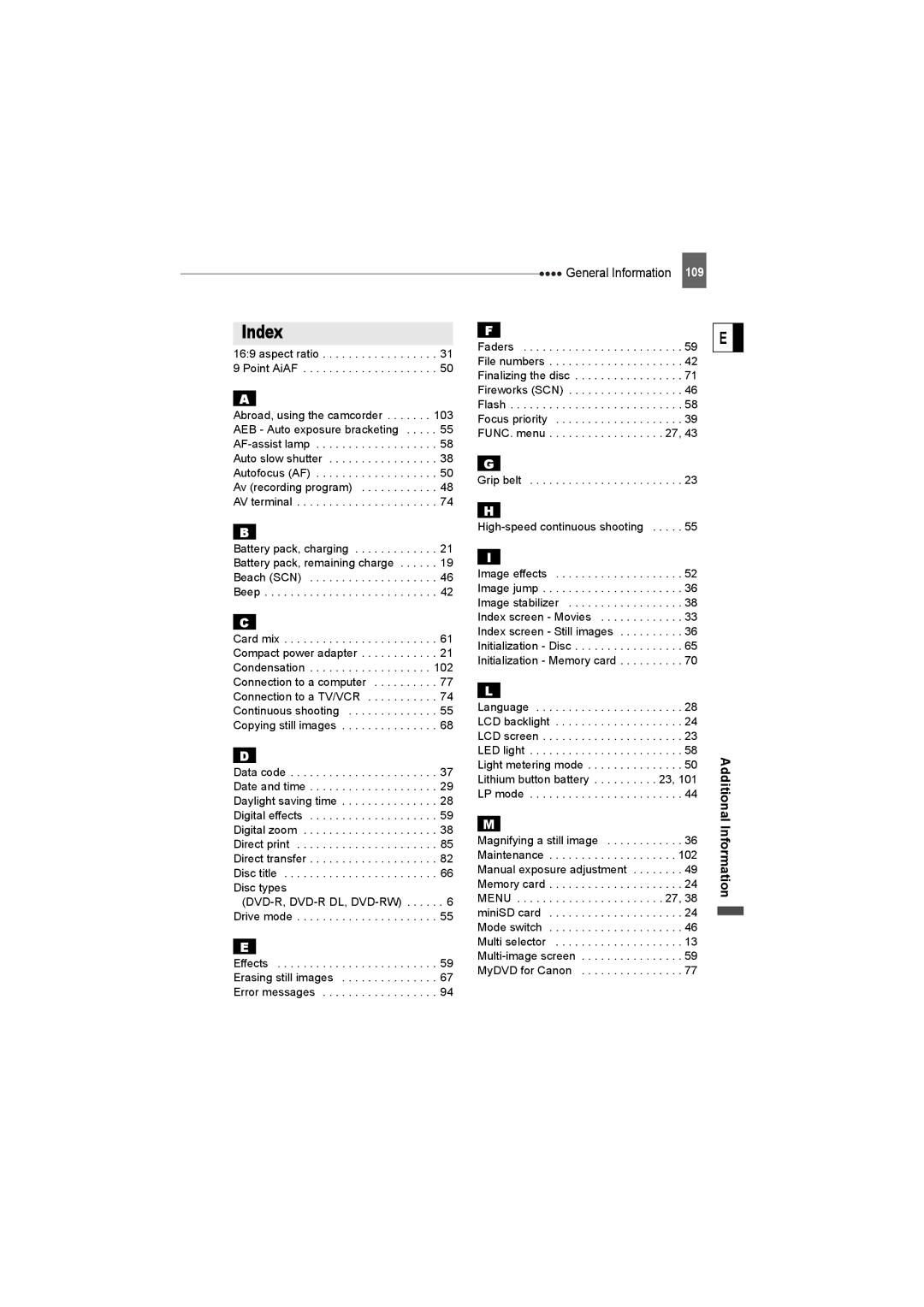 Canon DC22 instruction manual Index 