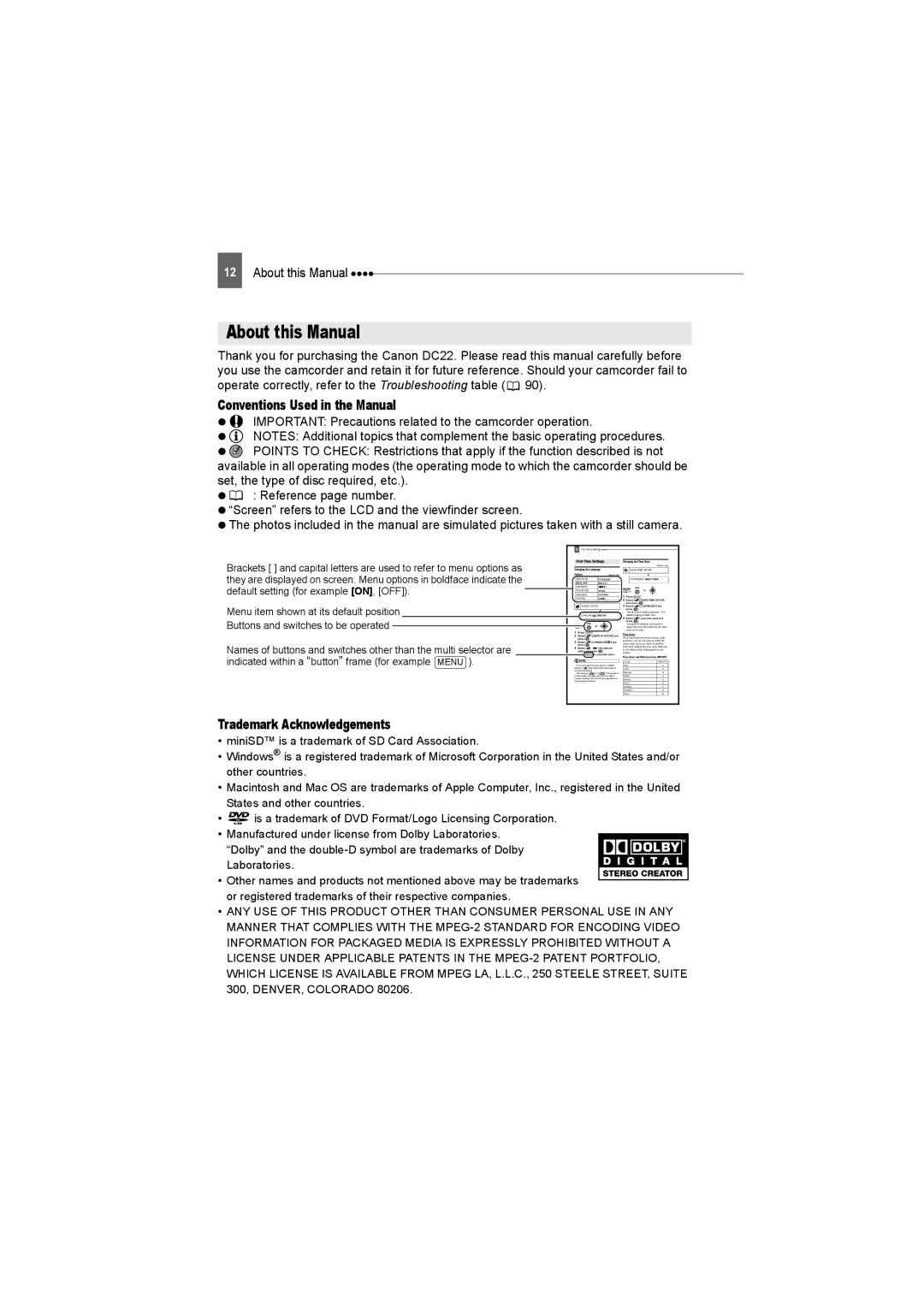 Canon DC22 instruction manual About this Manual, Conventions Used in the Manual, Trademark Acknowledgements 