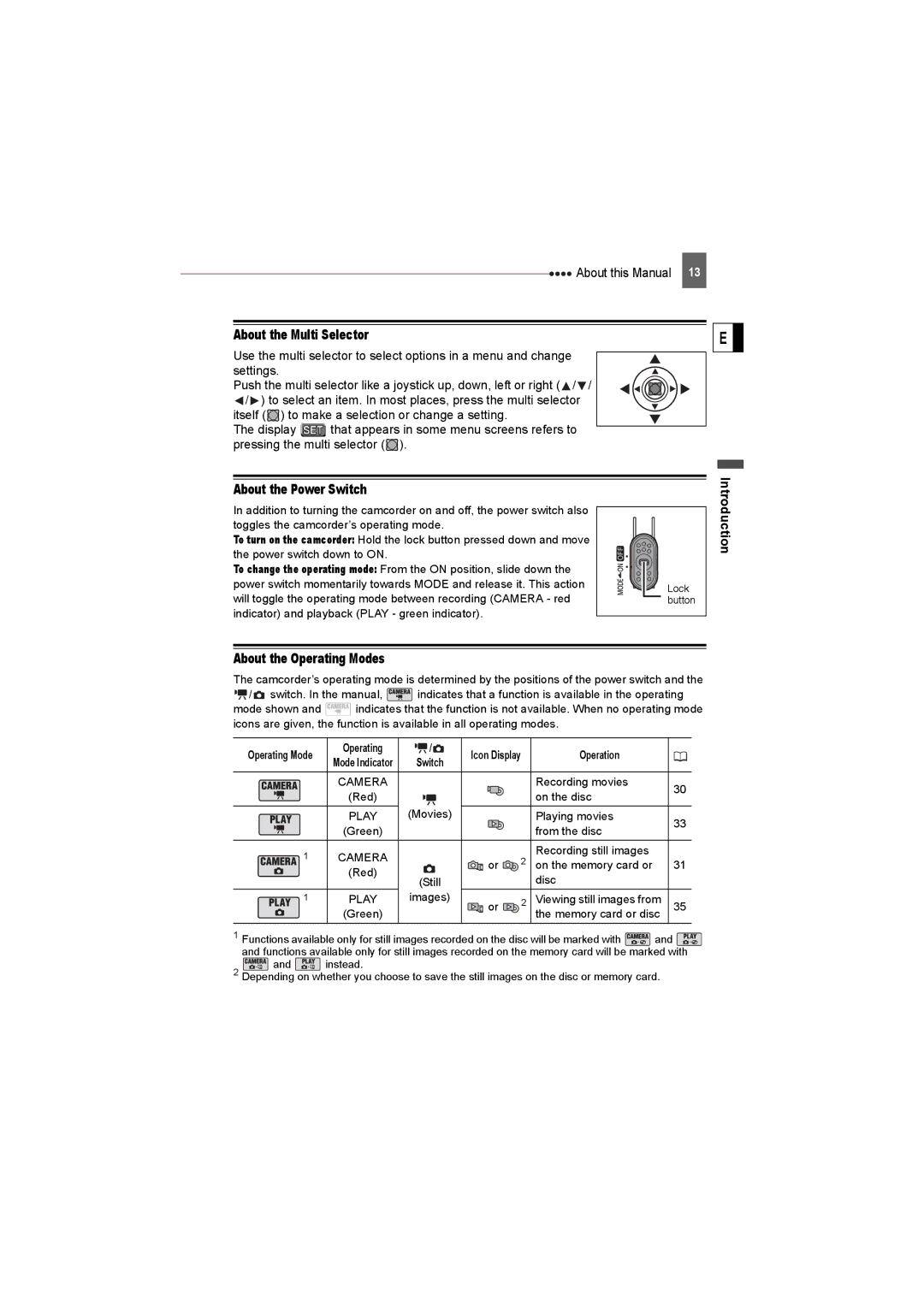 Canon DC22 instruction manual About the Multi Selector, About the Power Switch, About the Operating Modes, Operation 