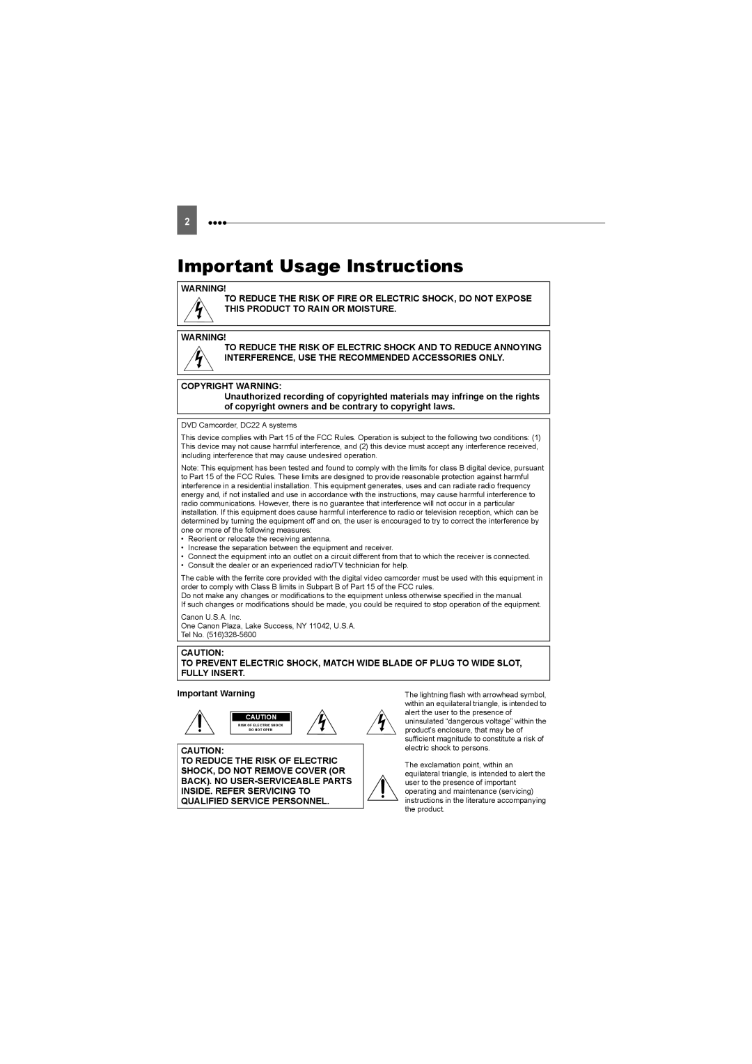 Canon DC22 instruction manual Important Usage Instructions 