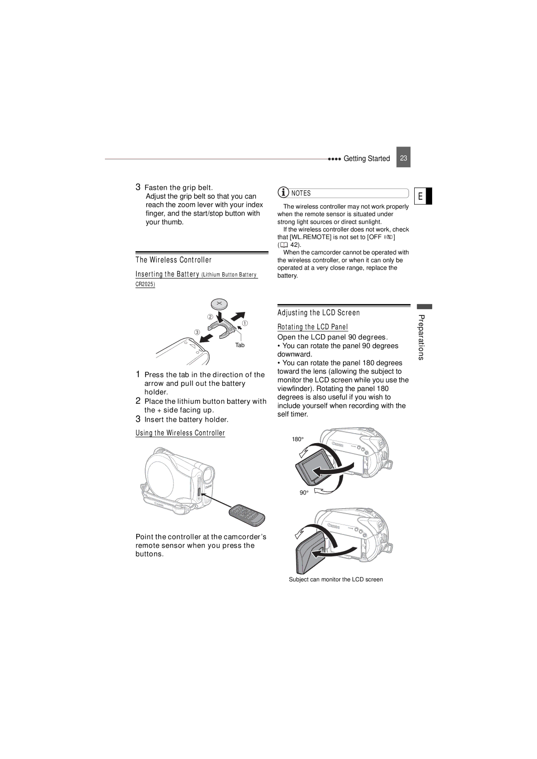 Canon DC22 instruction manual Wireless Controller, Adjusting the LCD Screen, Fasten the grip belt 