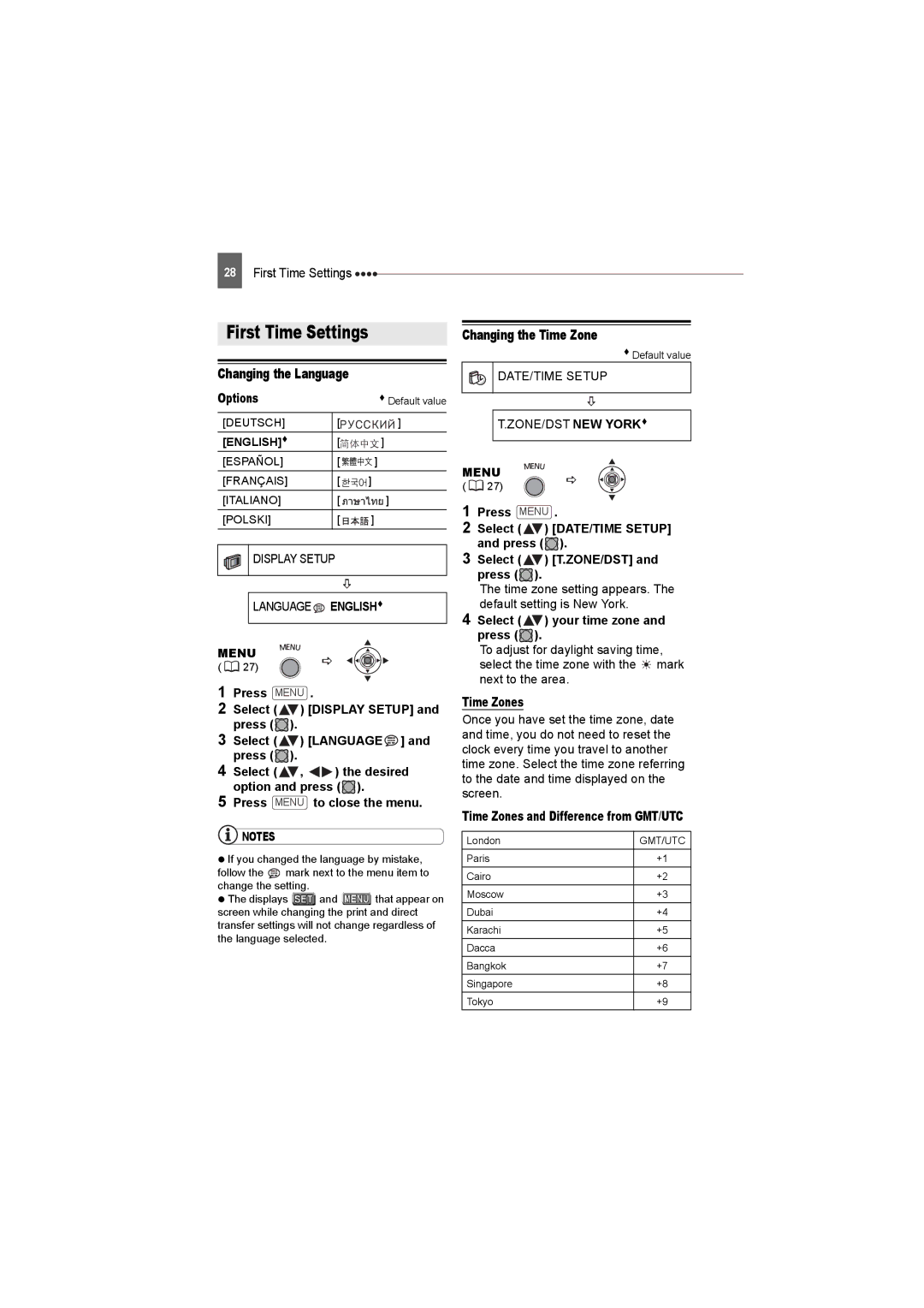 Canon DC22 instruction manual First Time Settings, Changing the Language, Changing the Time Zone 