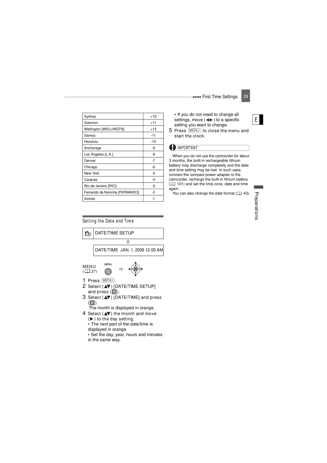 Canon DC22 instruction manual Setting the Date and Time, DATE/TIME Setup, DATE/TIME JAN , 2006 1200 AM 