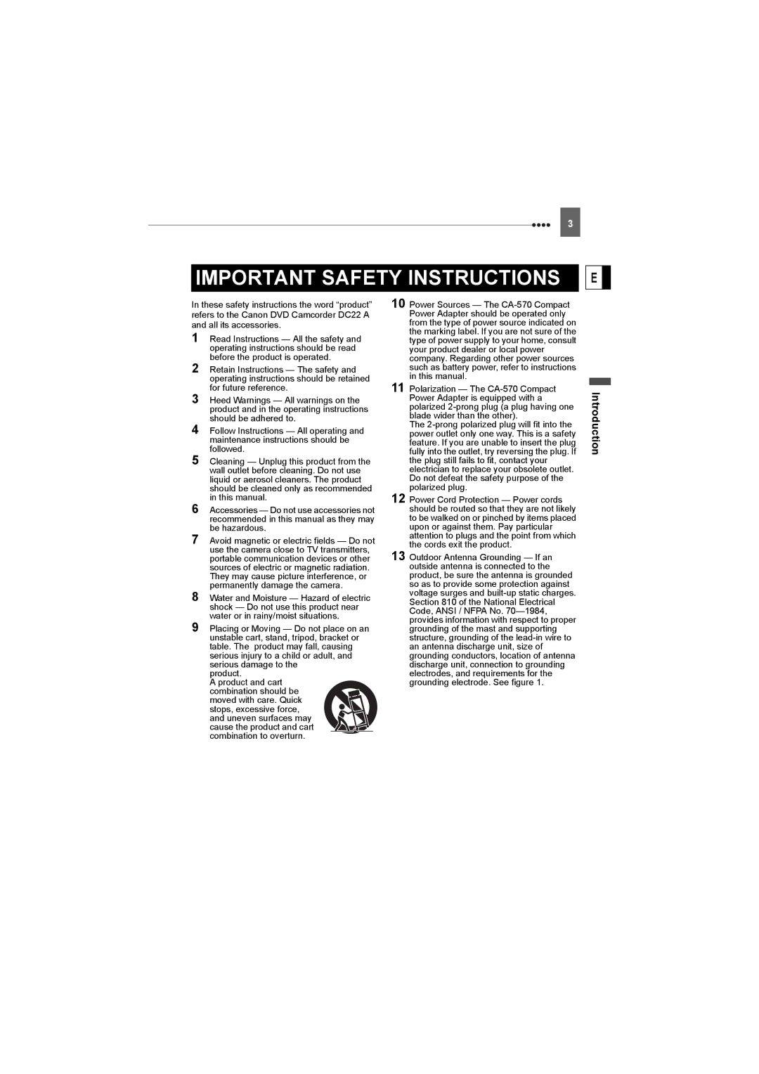 Canon DC22 instruction manual Important Safety Instructions E, Introduction 