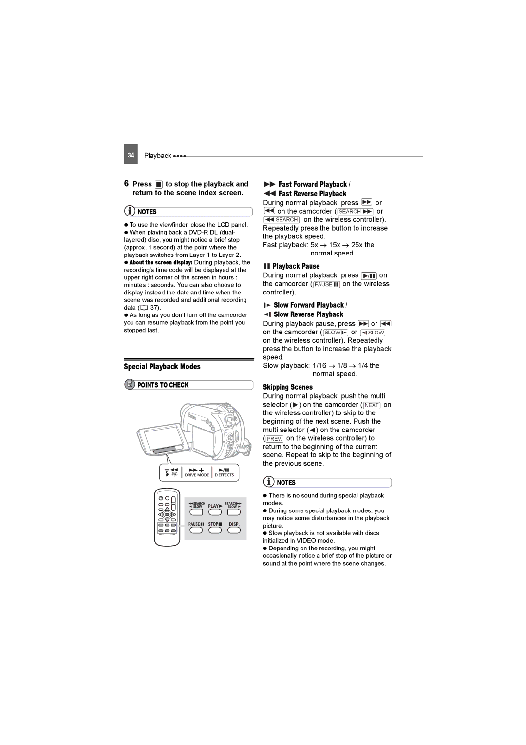 Canon DC22 Special Playback Modes, Fast Forward Playback Fast Reverse Playback, Playback Pause, Skipping Scenes 