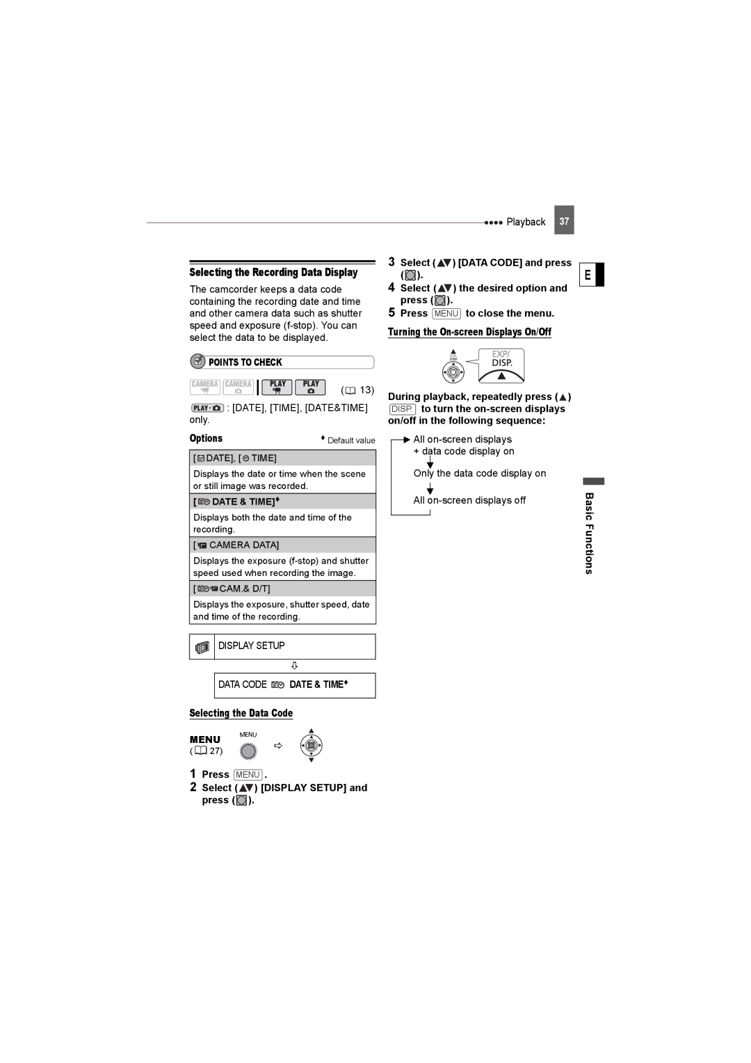 Canon DC22 instruction manual DATE, TIME, DATE&TIME only, Display Setup, Data Code Date & TIME, Selecting the Data Code 