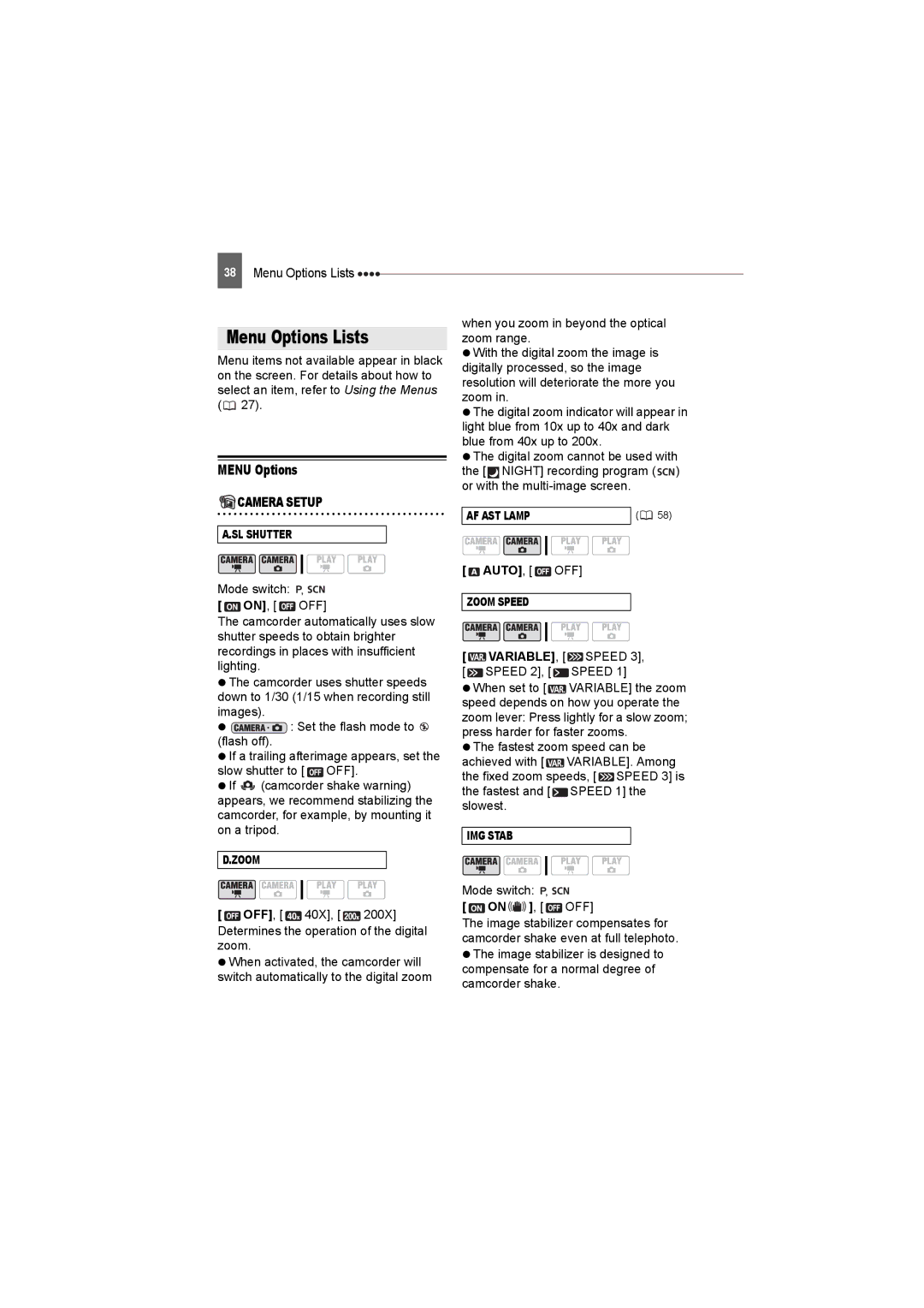 Canon DC22 instruction manual Menu Options Lists, Camera Setup, VARIABLE, Speed 3, Speed 2, Speed 