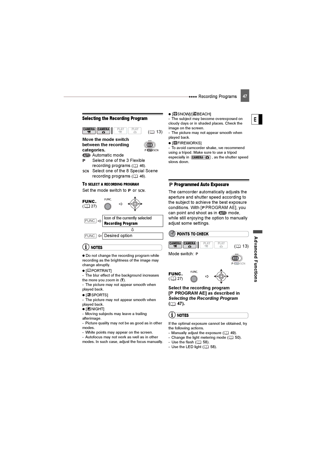 Canon DC22 instruction manual Programmed Auto Exposure, FUNC. Recording Program, Program AE as described 