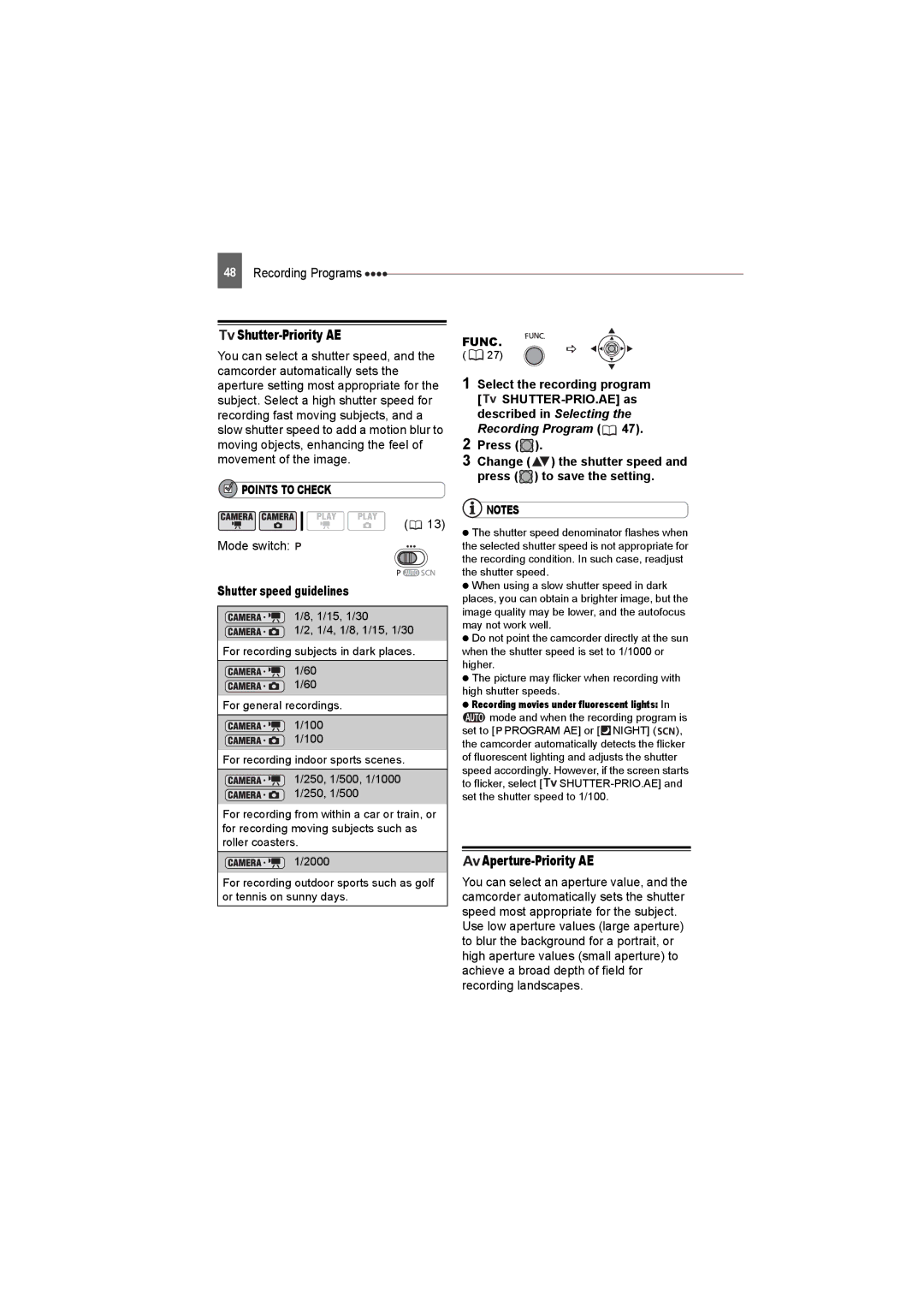 Canon DC22 instruction manual Shutter-Priority AE, Aperture-Priority AE, Shutter speed guidelines, Press 