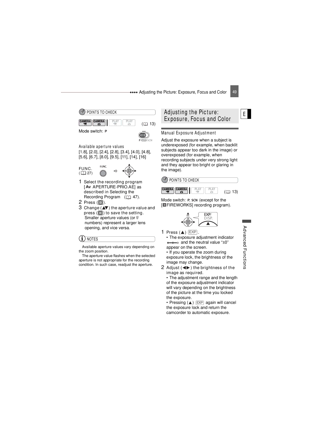 Canon DC22 instruction manual Exposure, Focus and Color, Manual Exposure Adjustment, Available aperture values, Press EXP 