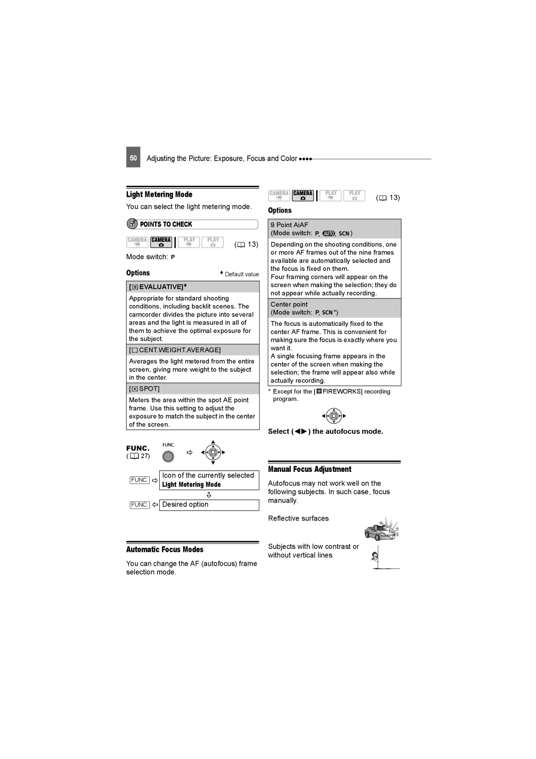 Canon DC22 Light Metering Mode, Automatic Focus Modes, Manual Focus Adjustment, Select the autofocus mode 