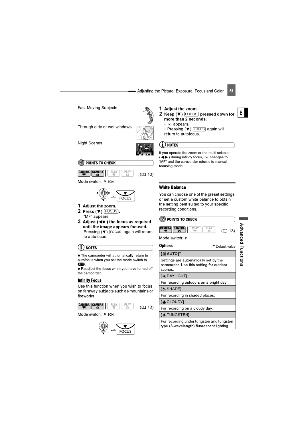 Canon DC22 instruction manual White Balance, Infinity Focus, Appears Pressing Focus again will return to autofocus 