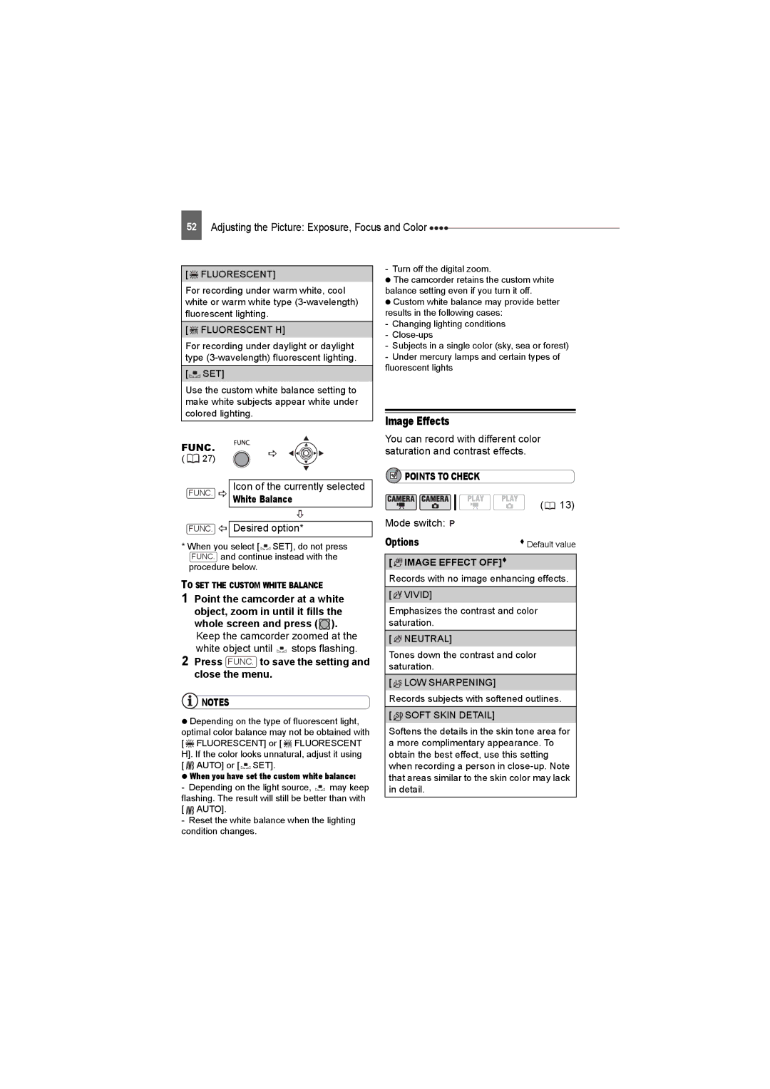 Canon DC22 instruction manual Image Effects, White Balance, Press FUNC. to save the setting and close the menu 