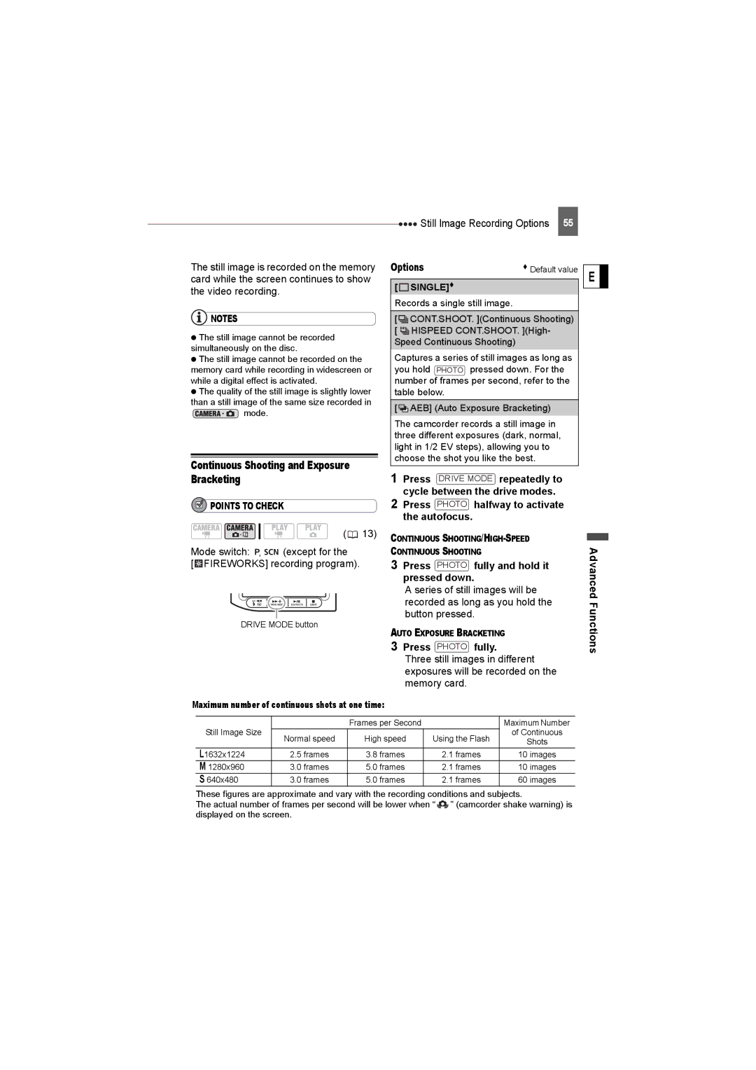 Canon DC22 instruction manual Continuous Shooting and Exposure Bracketing, Press Photo halfway to activate the autofocus 