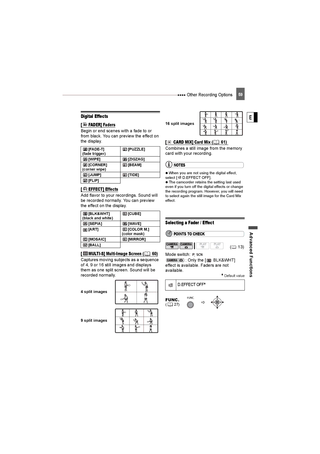 Canon DC22 instruction manual Digital Effects, Selecting a Fader / Effect, Fader Faders, Effect Effects, Card MIX Card Mix 