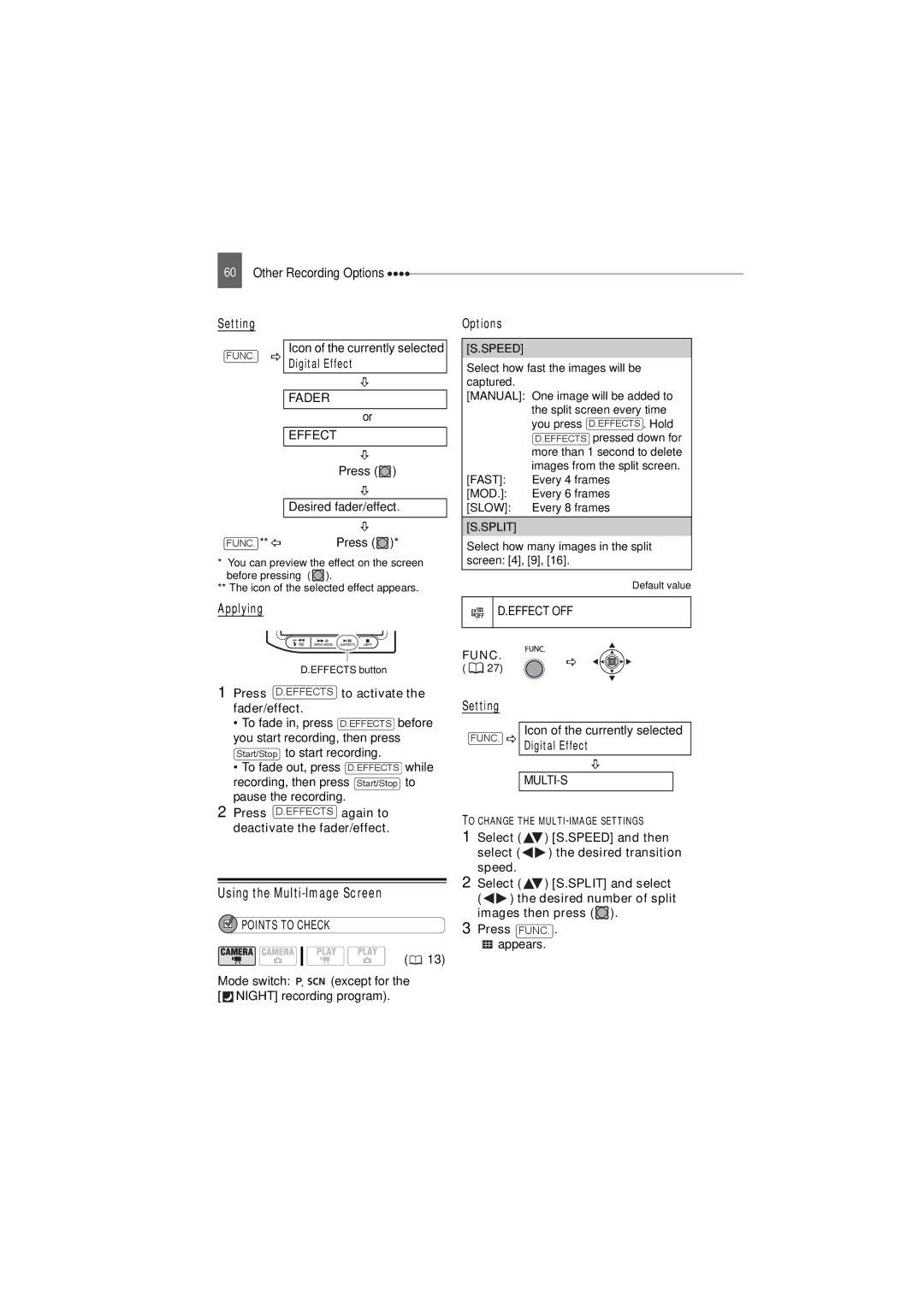 Canon DC22 Using the Multi-Image Screen, Setting, Digital Effect, Applying, Press D.EFFECTS to activate the fader/effect 