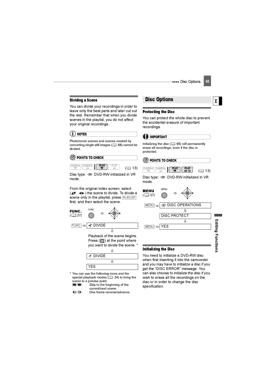 Canon DC22 instruction manual Disc Options, Dividing a Scene, Protecting the Disc, Initializing the Disc, Editing 