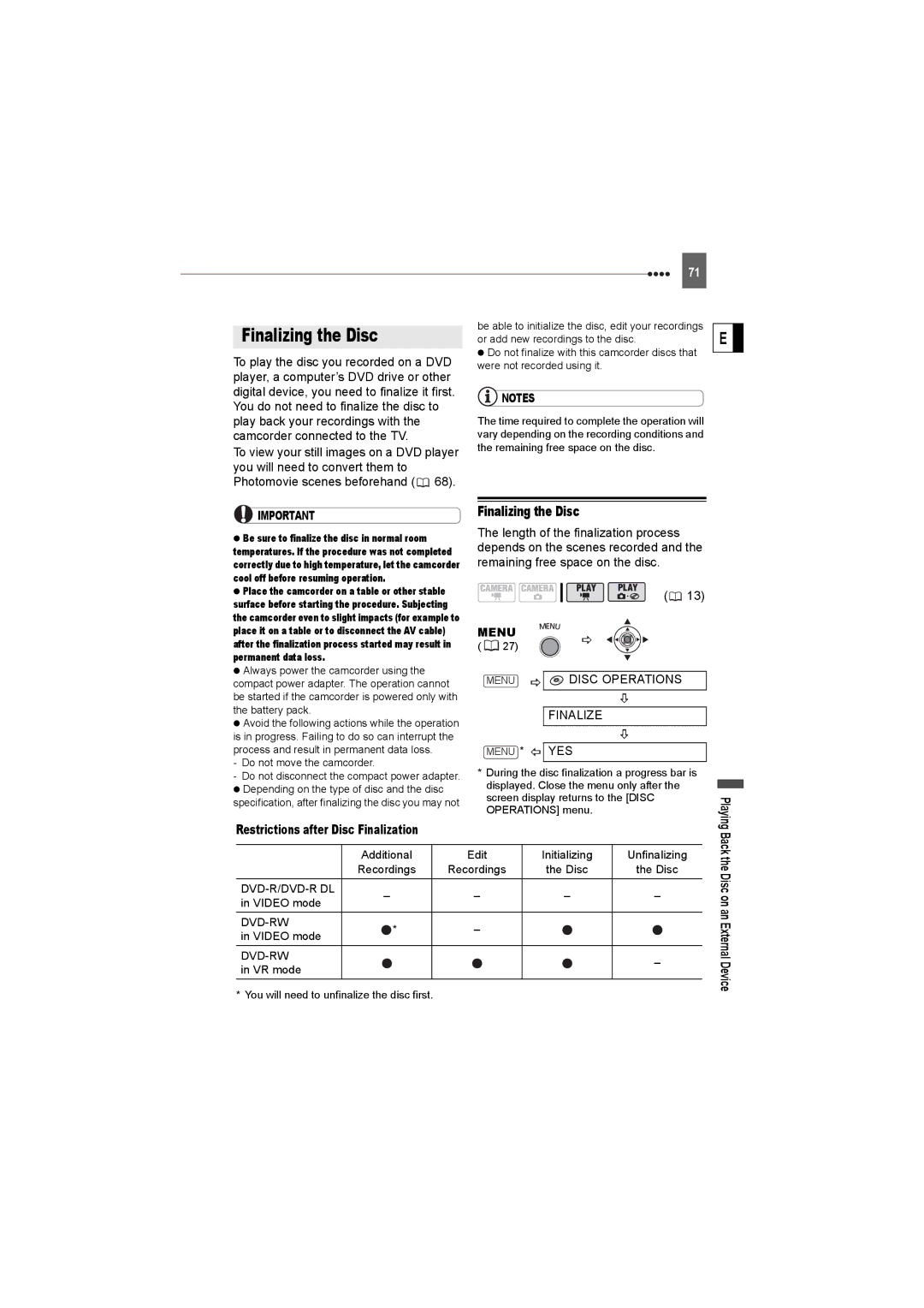 Canon DC22 instruction manual Finalizing the Disc, Finalize, Restrictions after Disc Finalization, Recordings Disc 