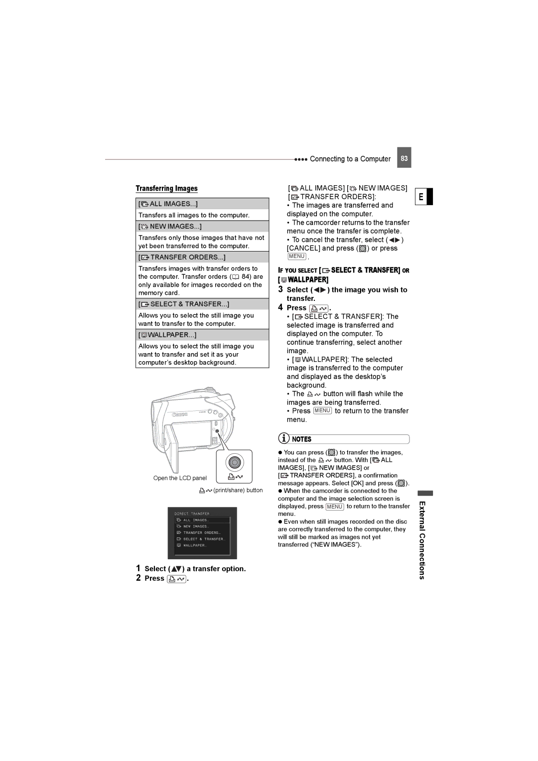 Canon DC22 instruction manual Transferring Images, Select a transfer option Press, ALL Images NEW Images Transfer Orders 