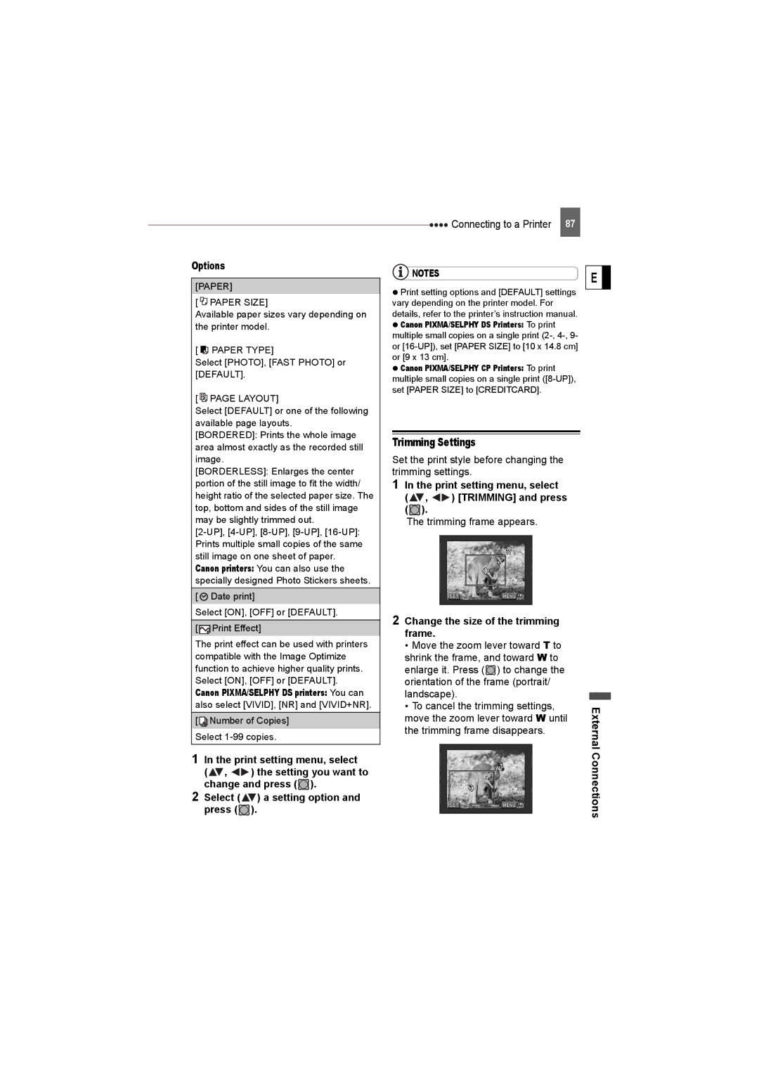 Canon DC22 Trimming Settings, Print setting menu, select Trimming and press, Change the size of the trimming frame 