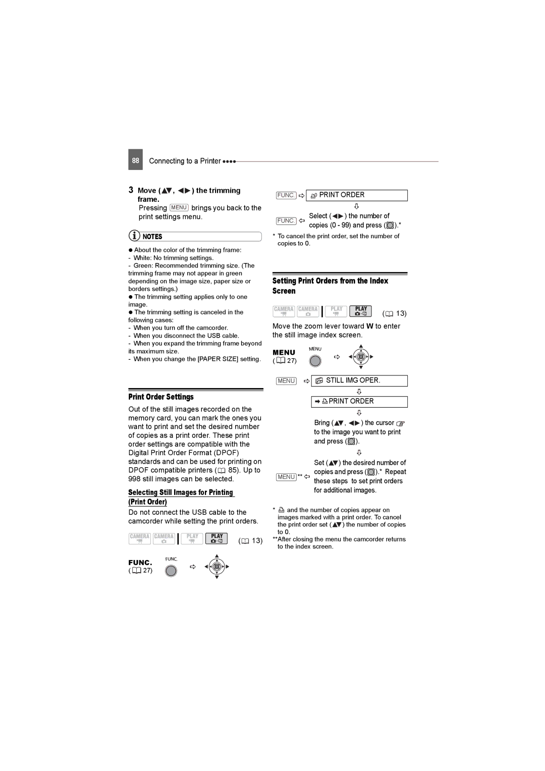 Canon DC22 instruction manual Print Order Settings, Setting Print Orders from the Index Screen, Move , the trimming frame 