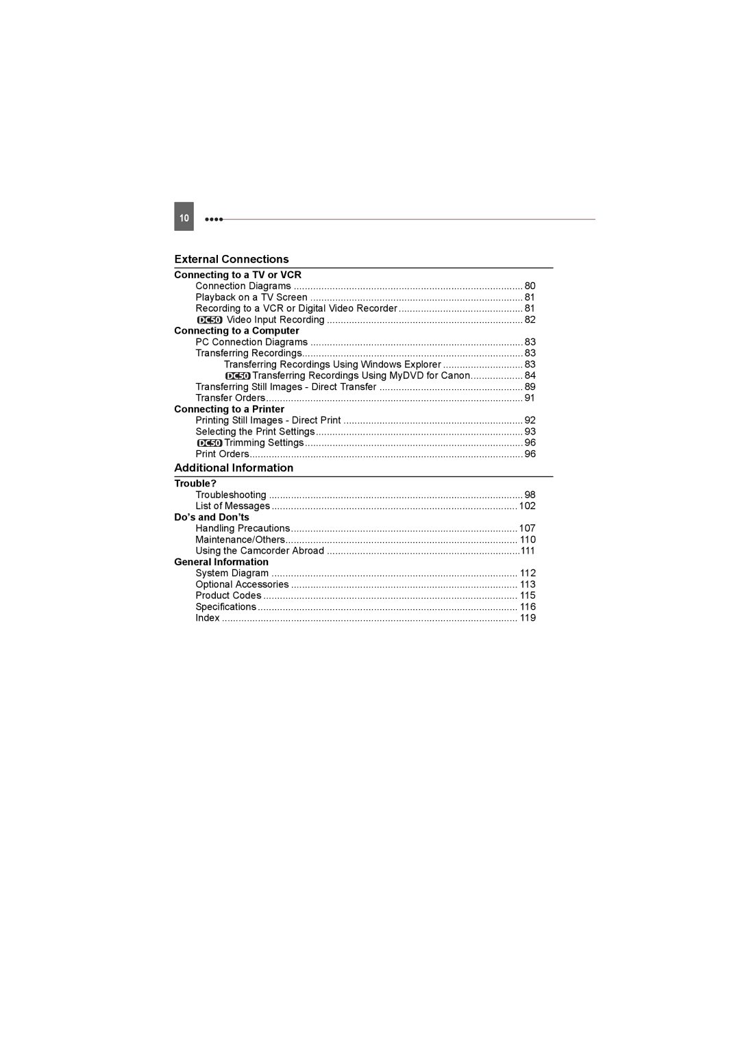 Canon DC50, DC220, DC230 instruction manual External Connections, Additional Information 