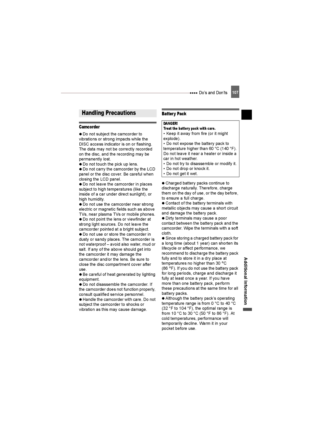 Canon DC230, DC220, DC50 Handling Precautions, Camcorder, Battery Pack, Do’s and Don’ts, Treat the battery pack with care 