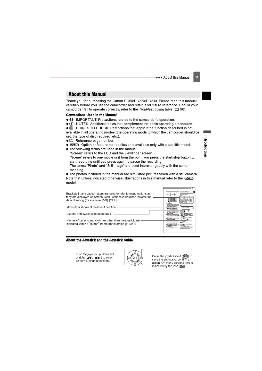 Canon DC230 About this Manual, Conventions Used in the Manual, Introduction About the Joystick and the Joystick Guide 