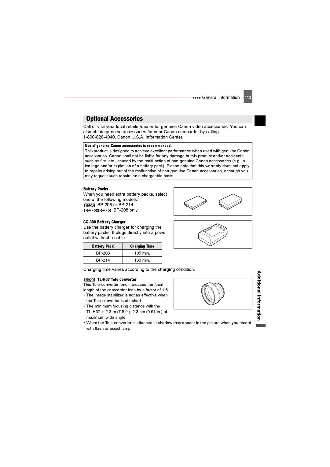 Canon DC230, DC220, DC50 Optional Accessories, Battery Packs, CG-300 Battery Charger, TL-H37 Tele-converter 