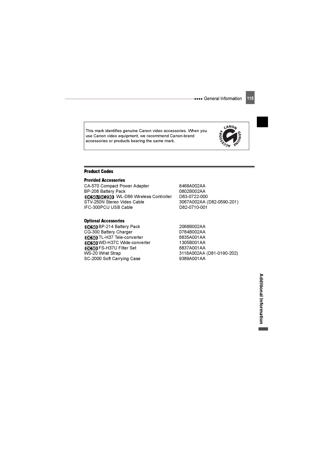 Canon DC50, DC220, DC230 Product Codes, Provided Accessories, IFC-300PCU USB Cable D82-0710-001, Optional Accessories 