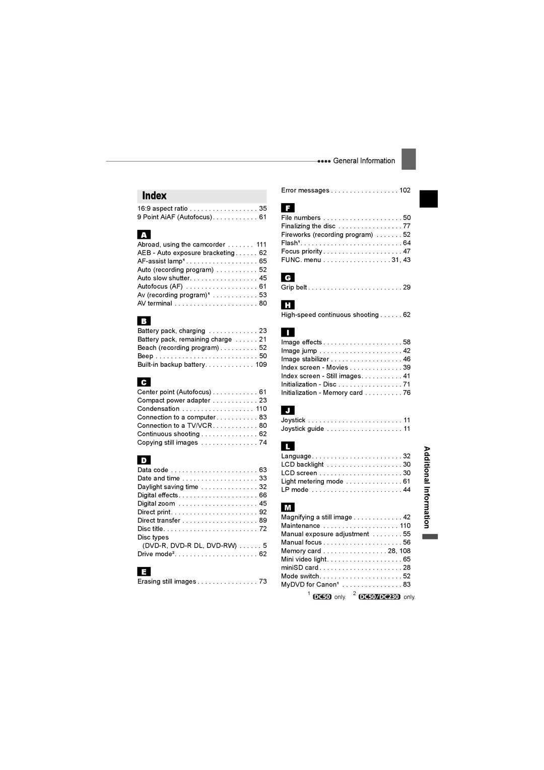 Canon DC230, DC220, DC50 instruction manual Index, Aspect ratio 9 Point AiAF Autofocus 