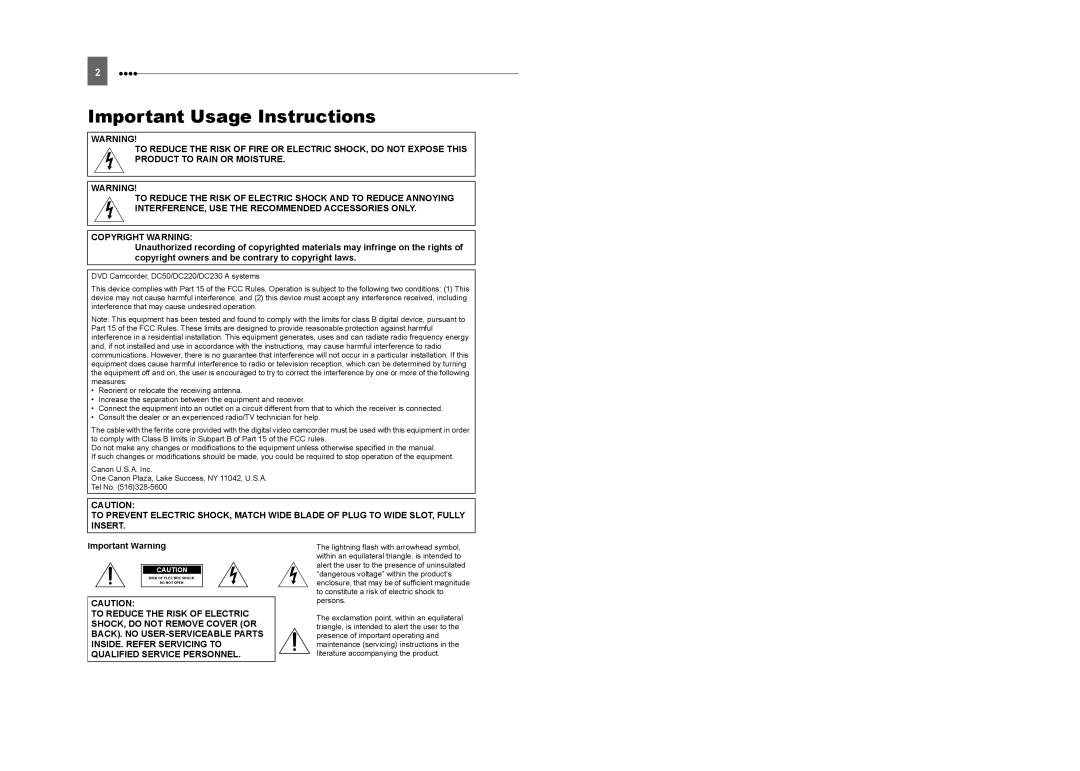 Canon DC230, DC220, DC50 instruction manual Important Usage Instructions 