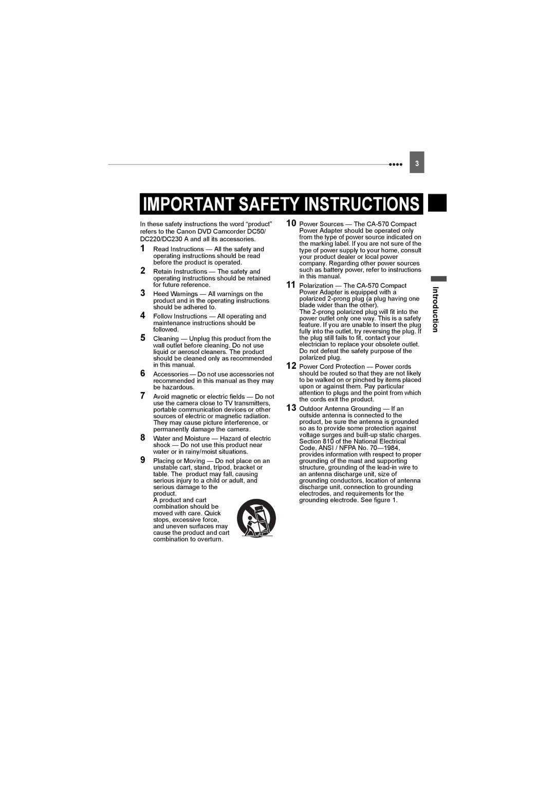 Canon DC220, DC50, DC230 instruction manual Important Safety Instructions, Introduction 