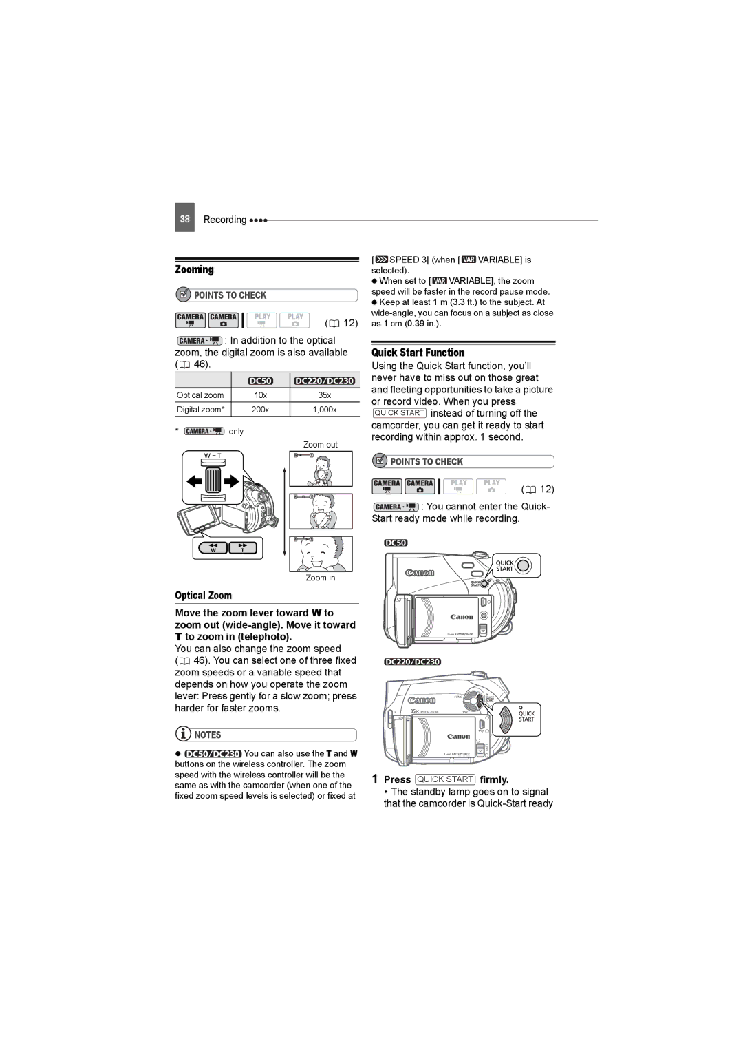 Canon DC230, DC220, DC50 instruction manual Zooming, Quick Start Function, Standby lamp goes on to signal, Firmly 