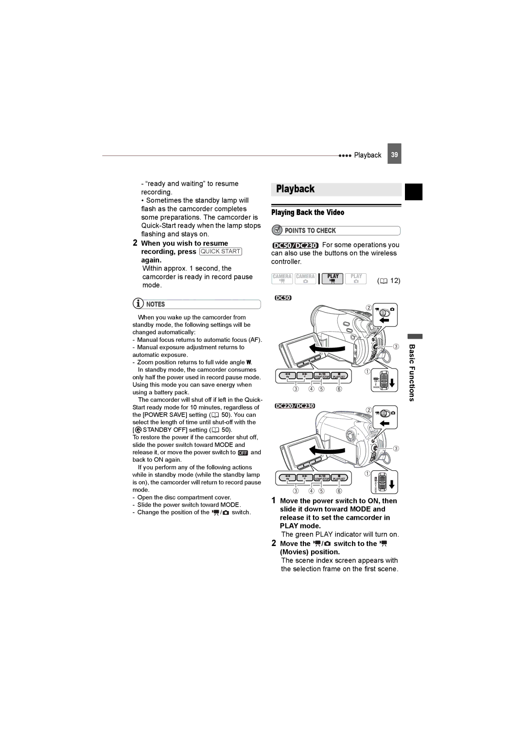 Canon DC220, DC50, DC230 Playback, Playing Back the Video, Green Play indicator will turn on, Basic Functions 