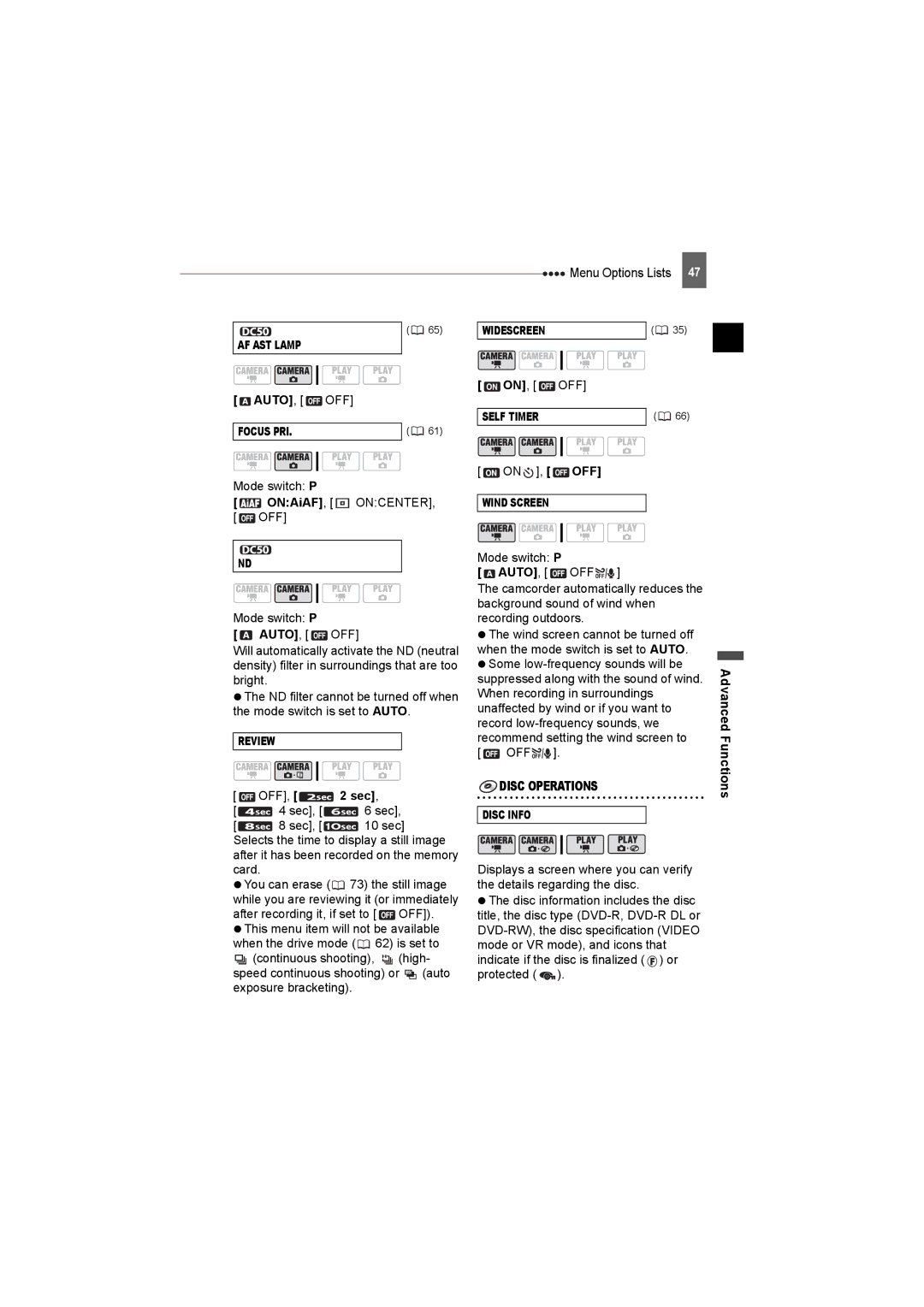 Canon DC230, DC220, DC50 instruction manual ONAiAF, Auto, Sec, Disc Operations 