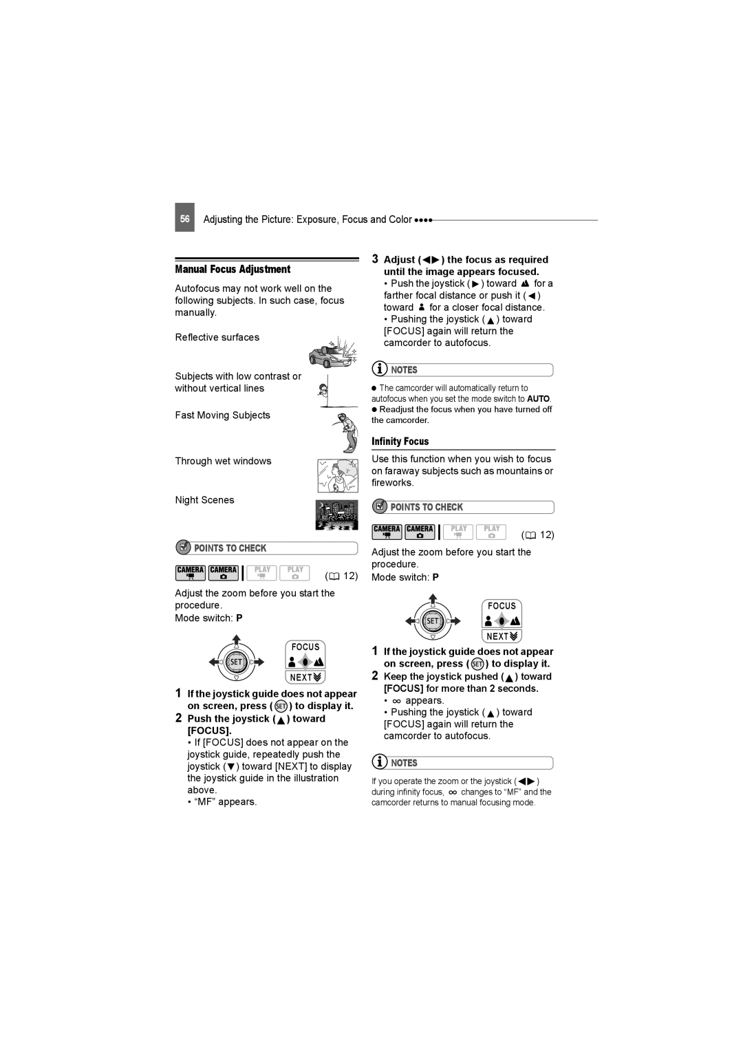 Canon DC230, DC220, DC50 instruction manual Manual Focus Adjustment, Push the joystick toward Focus, Infinity Focus 