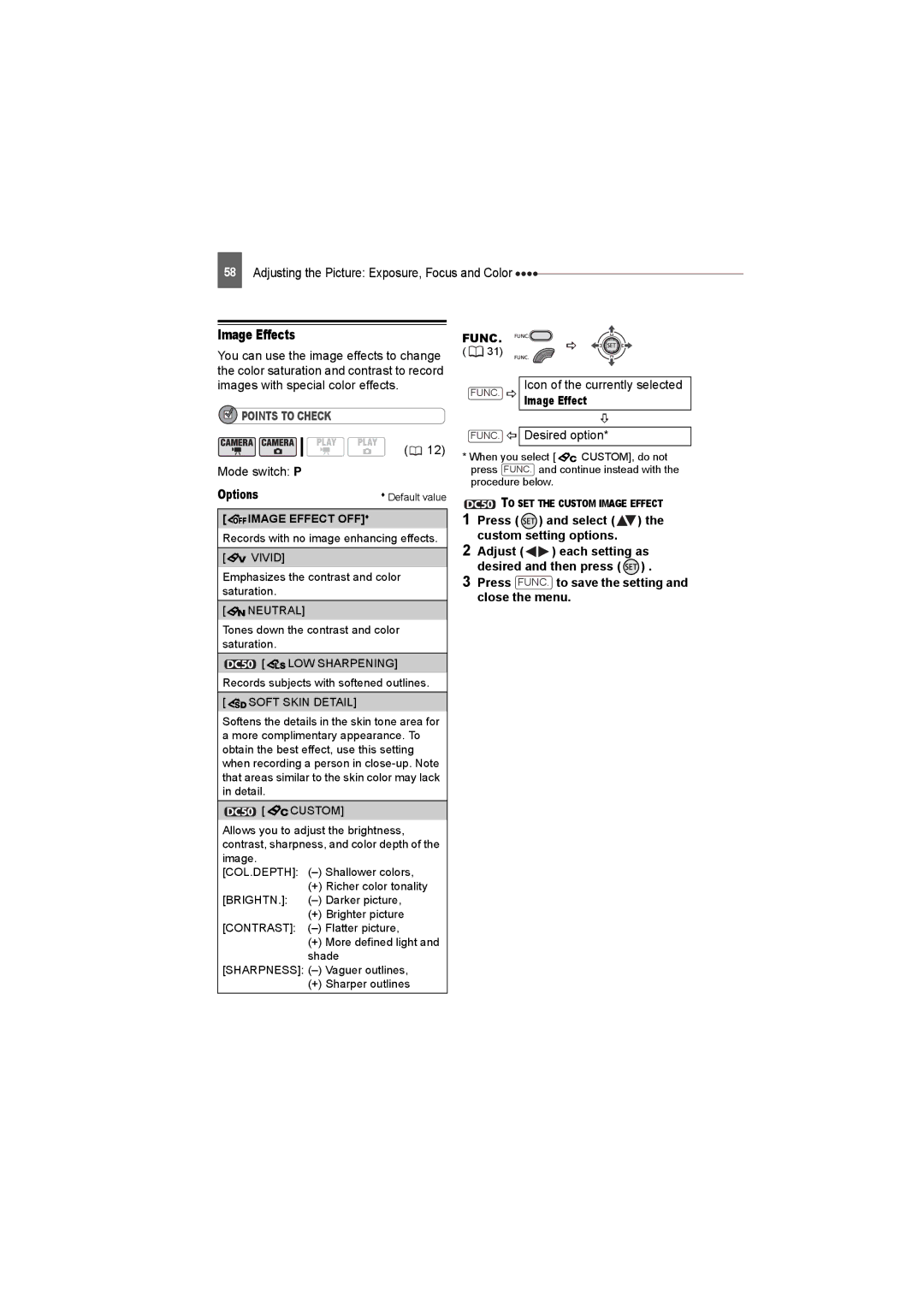 Canon DC50 Image Effects, Press and select the custom setting options, Adjust each setting as desired and then press 