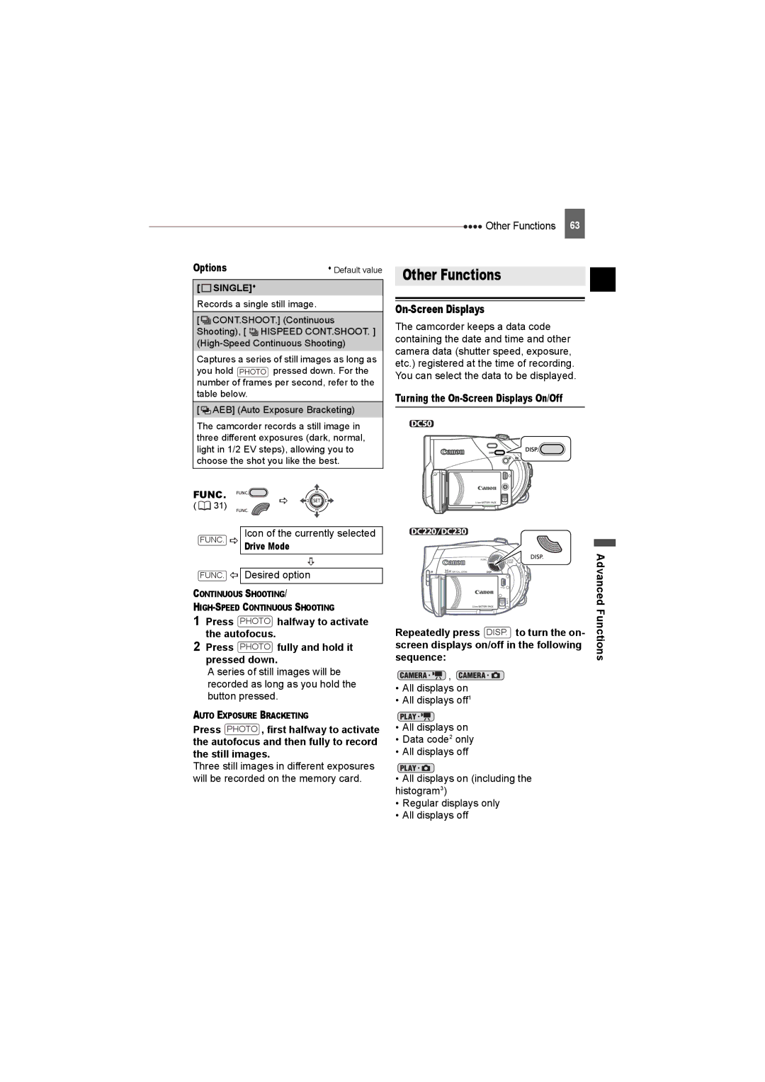 Canon DC220, DC50, DC230 instruction manual Other Functions, Turning the On-Screen Displays On/Off 